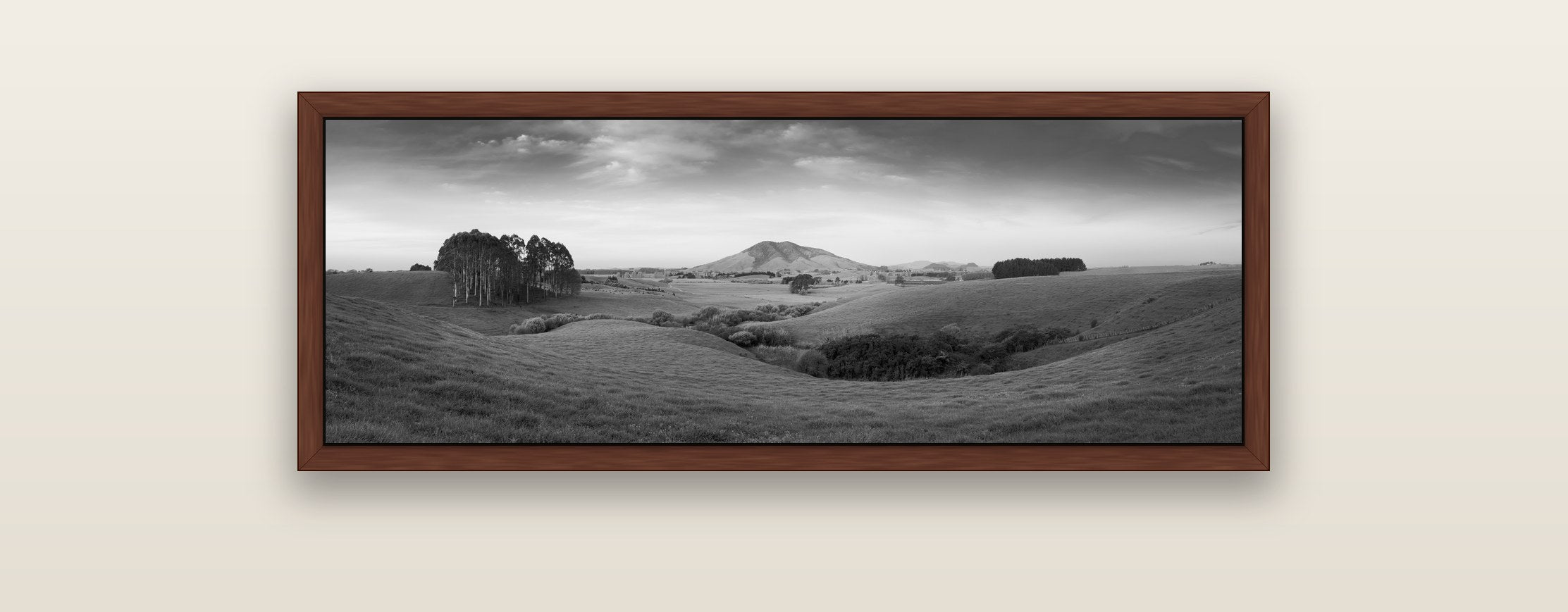 Evening Fields, Mount Kakepuku — brown float frame framed canvas print. New Zealand fine art landscape wall art by Stephen Milner.