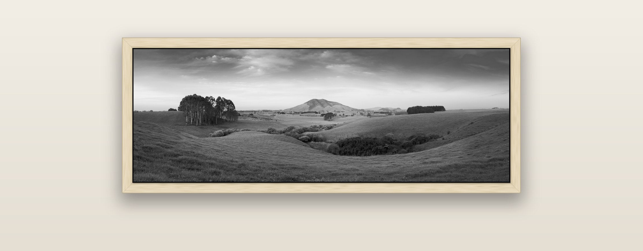 Evening Fields, Mount Kakepuku — natural float frame framed canvas print. New Zealand fine art landscape wall art by Stephen Milner.