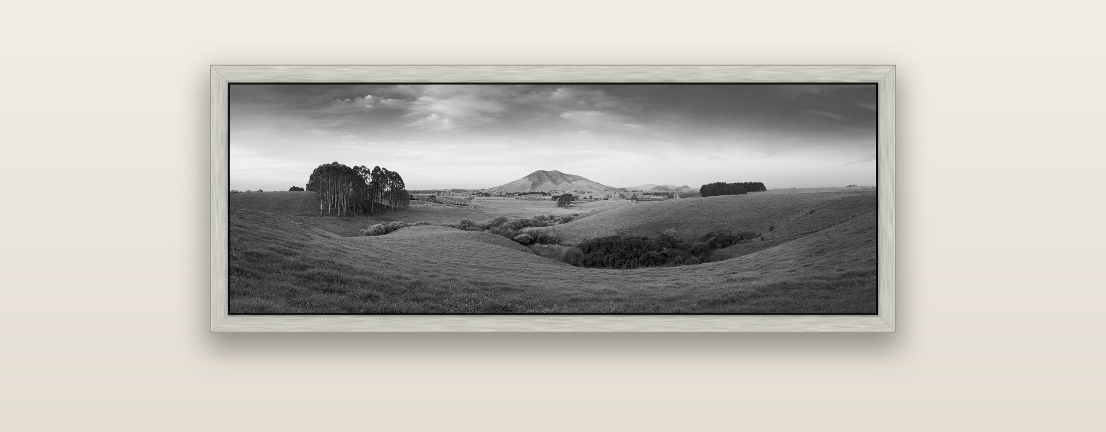 Evening Fields, Mount Kakepuku — silver float frame framed canvas print. New Zealand fine art landscape wall art by Stephen Milner.