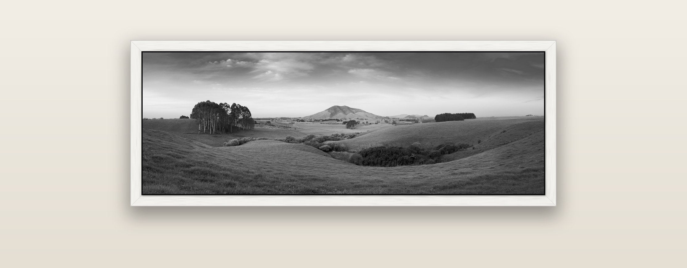 Evening Fields, Mount Kakepuku — white float frame framed canvas print. New Zealand fine art landscape wall art by Stephen Milner.