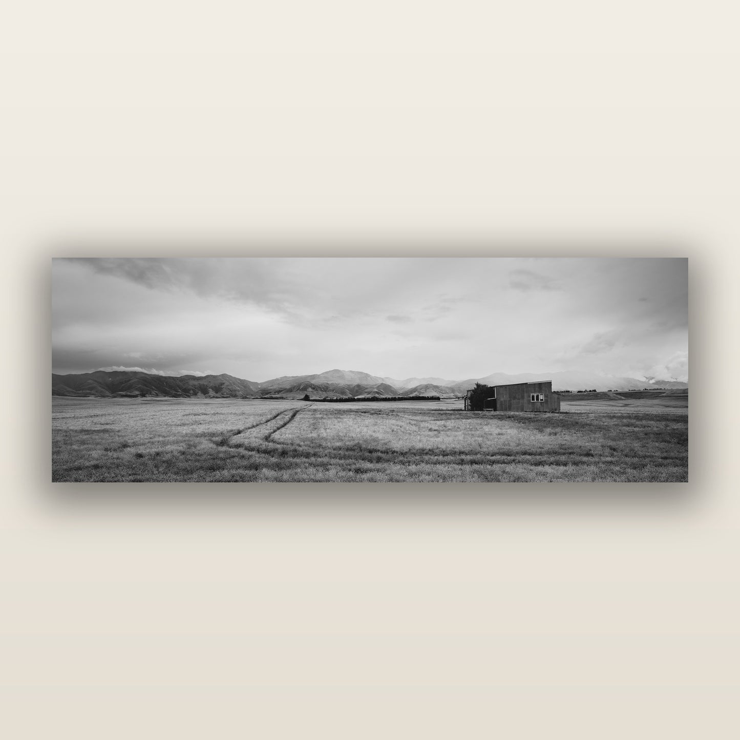 Harvest Light, Canterbury, black and white frameless acrylic glass print. New Zealand fine art photography by Stephen Milner.