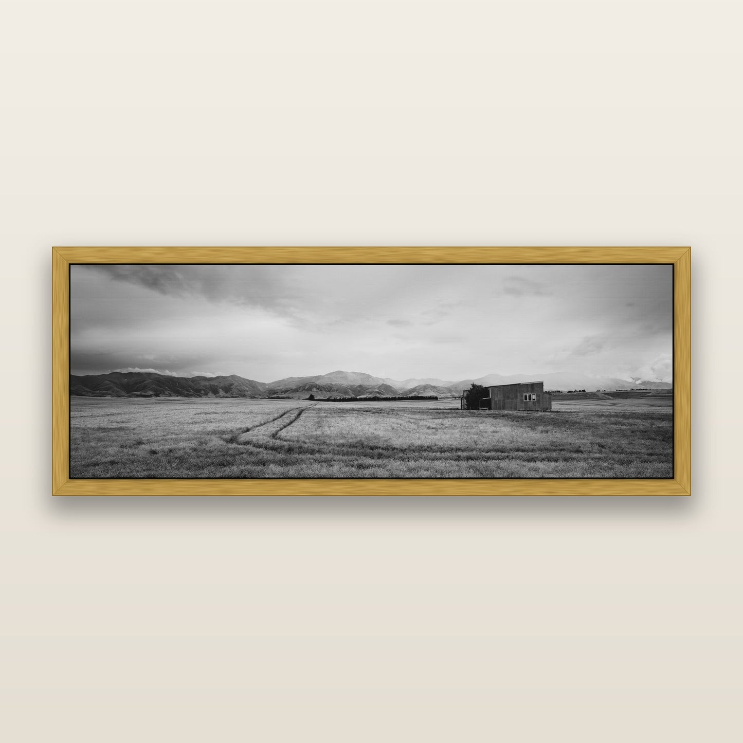 Harvest Light, Canterbury, black and white framed metallic canvas print, Antique Gold frame. New Zealand fine art wall art by Stephen Milner.