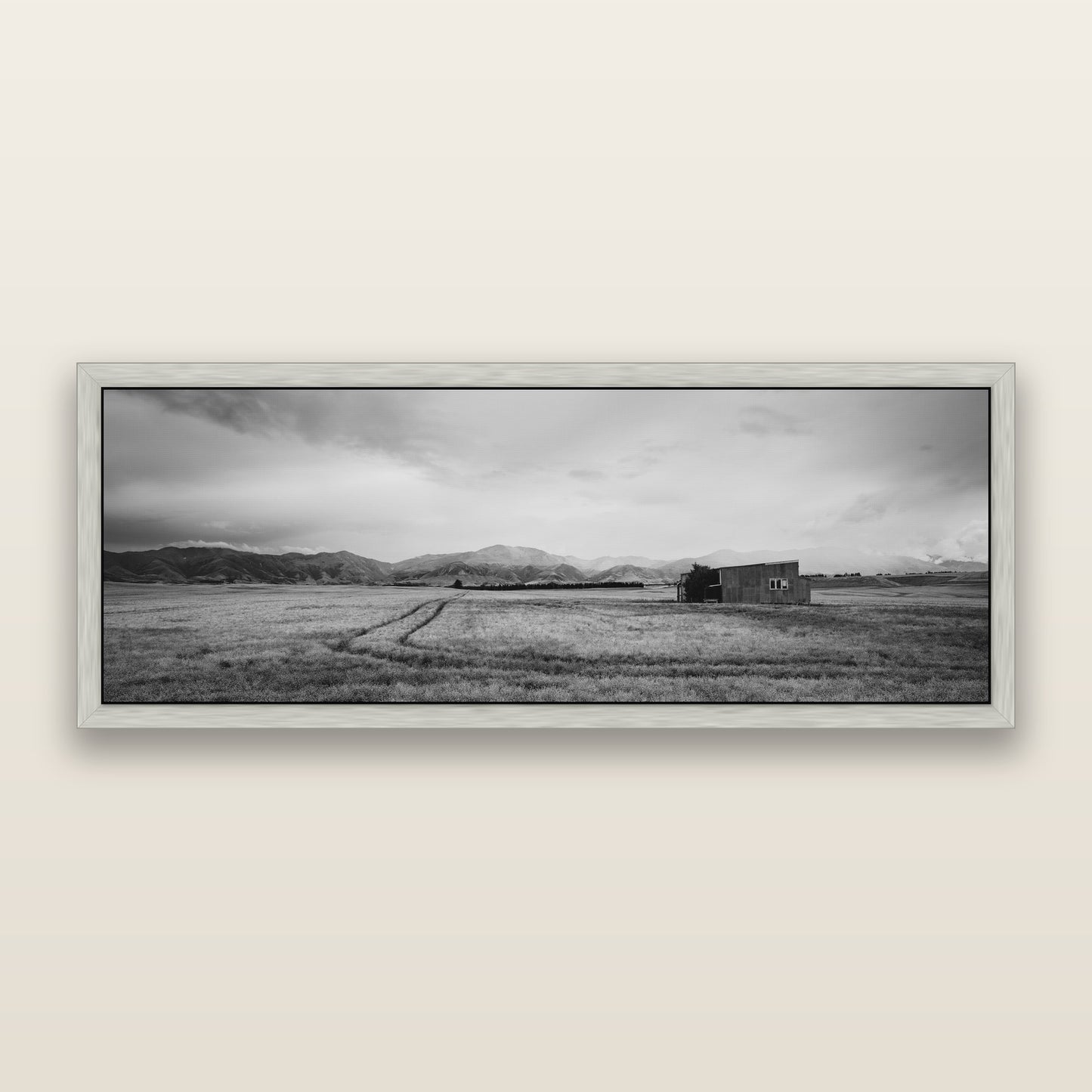 Harvest Light, Canterbury, black and white framed metallic canvas print, Antique Silver frame. New Zealand fine art wall art by Stephen Milner.