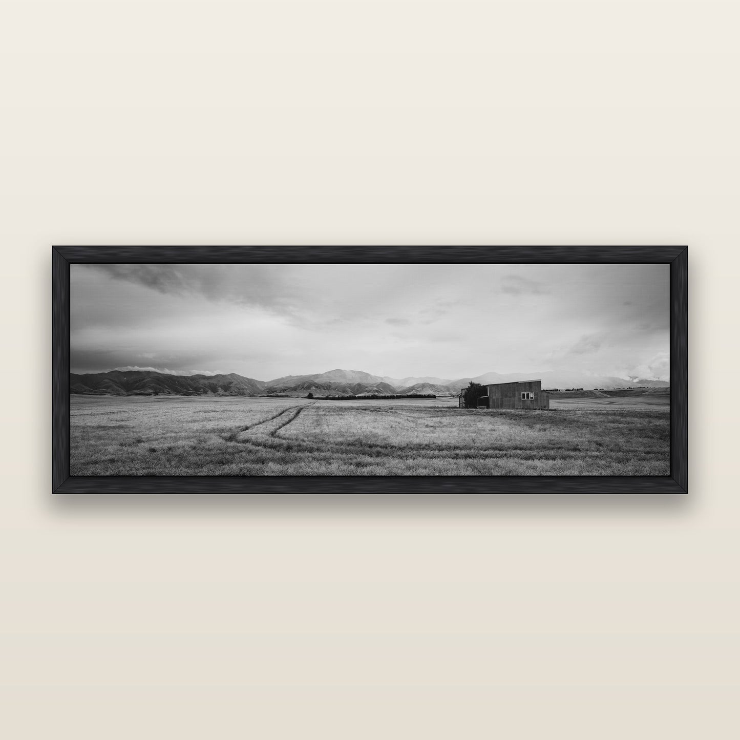 Harvest Light, Canterbury, black and white framed metallic canvas print, Black frame. New Zealand fine art wall art by Stephen Milner.