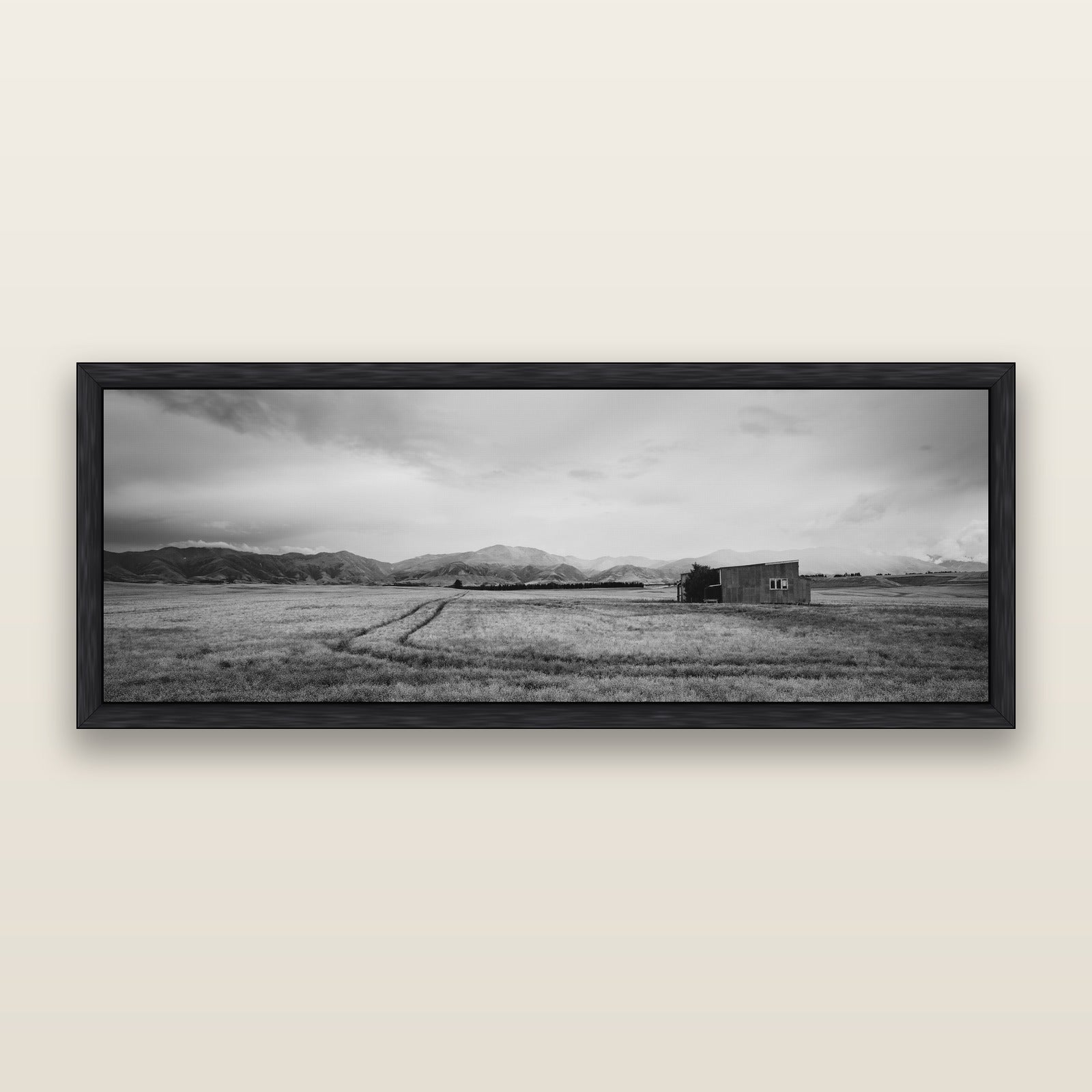 Harvest Light, Canterbury, black and white framed metallic canvas print, Black frame. New Zealand fine art wall art by Stephen Milner.