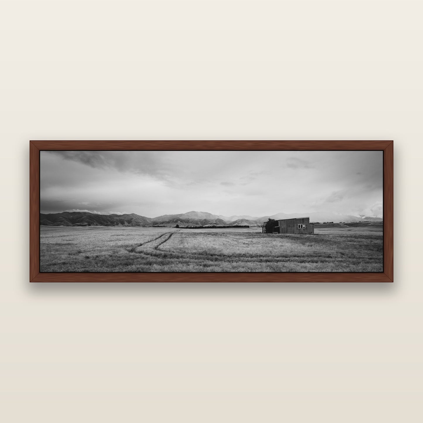Harvest Light, Canterbury, black and white framed metallic canvas print, Brown frame. New Zealand fine art wall art by Stephen Milner.
