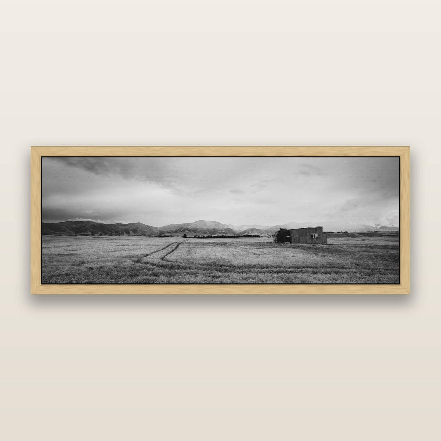 Harvest Light, Canterbury, black and white framed metallic canvas print, Natural frame. New Zealand fine art wall art by Stephen Milner.
