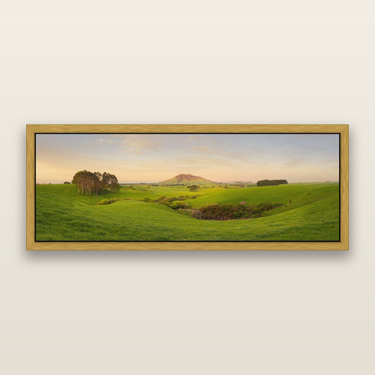Fiery Fields, Mount Kakepuku — framed metallic canvas print, Antique Gold frame. New Zealand fine art landscape wall art by Stephen Milner.
