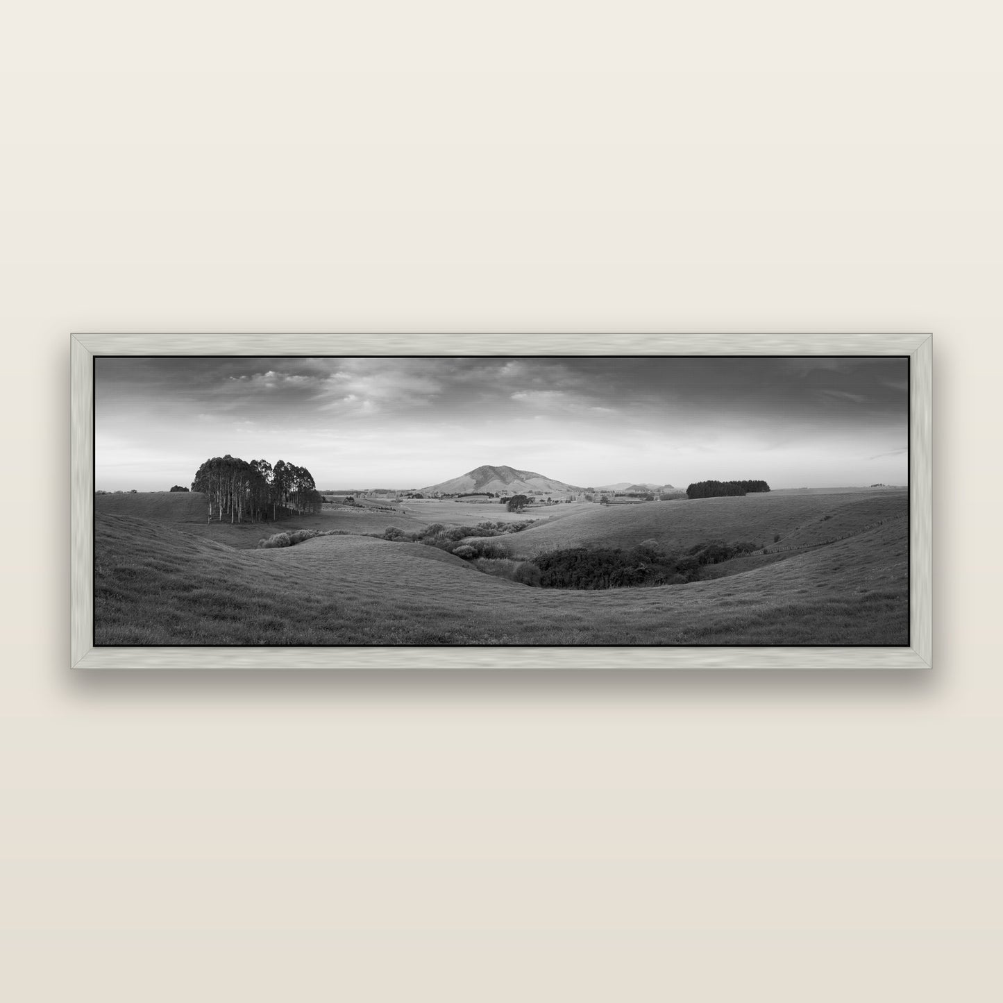Evening Fields, Mount Kakepuku, black and white framed metallic canvas print, Antique Silver frame. New Zealand fine art wall art by Stephen Milner.