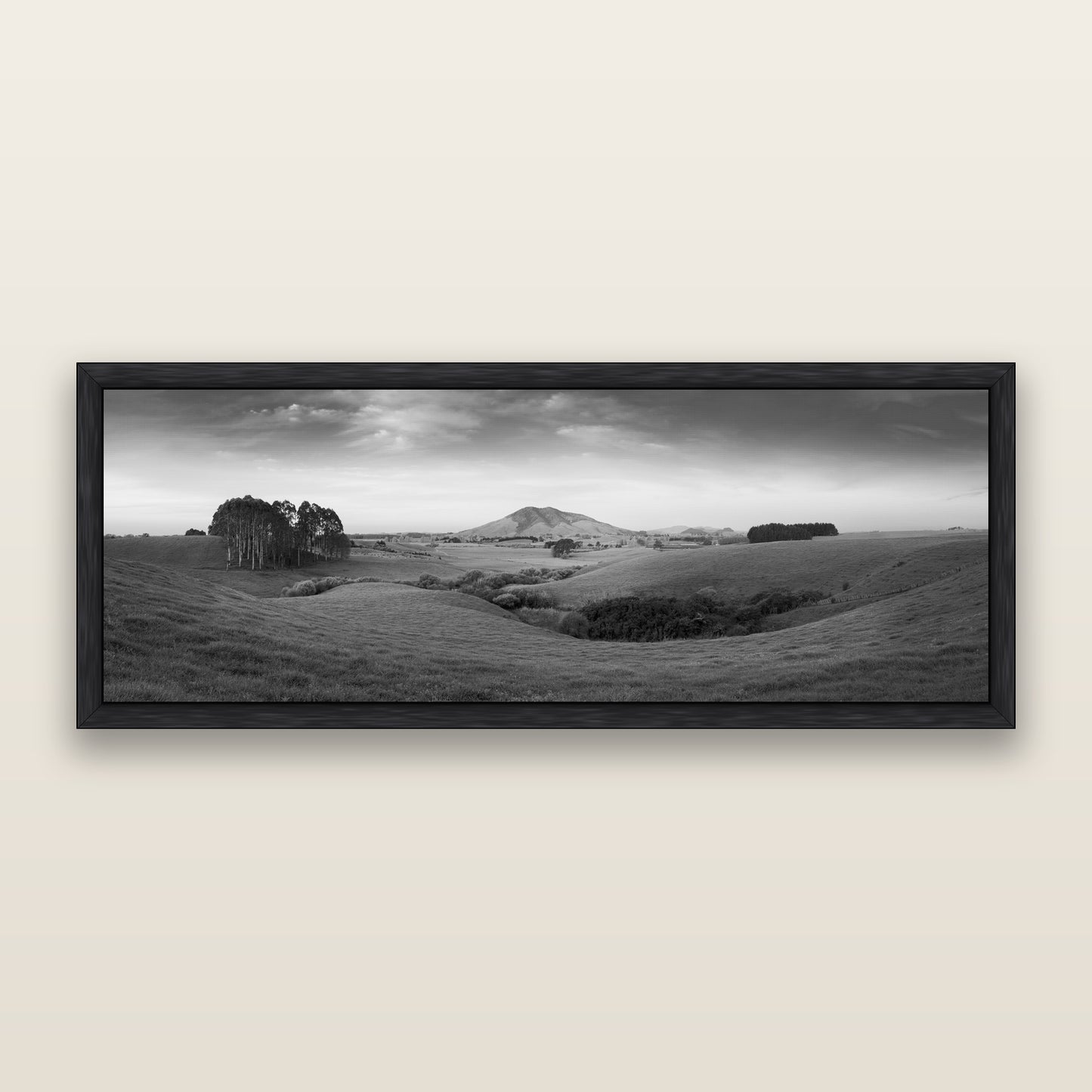 Evening Fields, Mount Kakepuku, black and white framed metallic canvas print, Black frame. New Zealand fine art wall art by Stephen Milner.