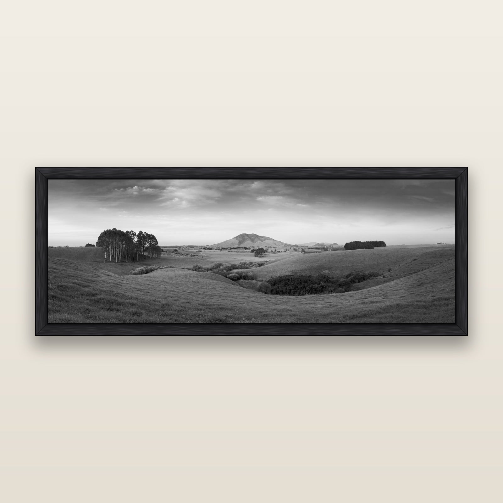 Evening Fields, Mount Kakepuku, black and white framed metallic canvas print, Black frame. New Zealand fine art wall art by Stephen Milner.