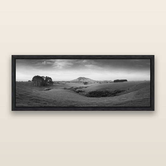 Evening Fields, Mount Kakepuku, black and white framed metallic canvas print, Black frame. New Zealand fine art wall art by Stephen Milner.