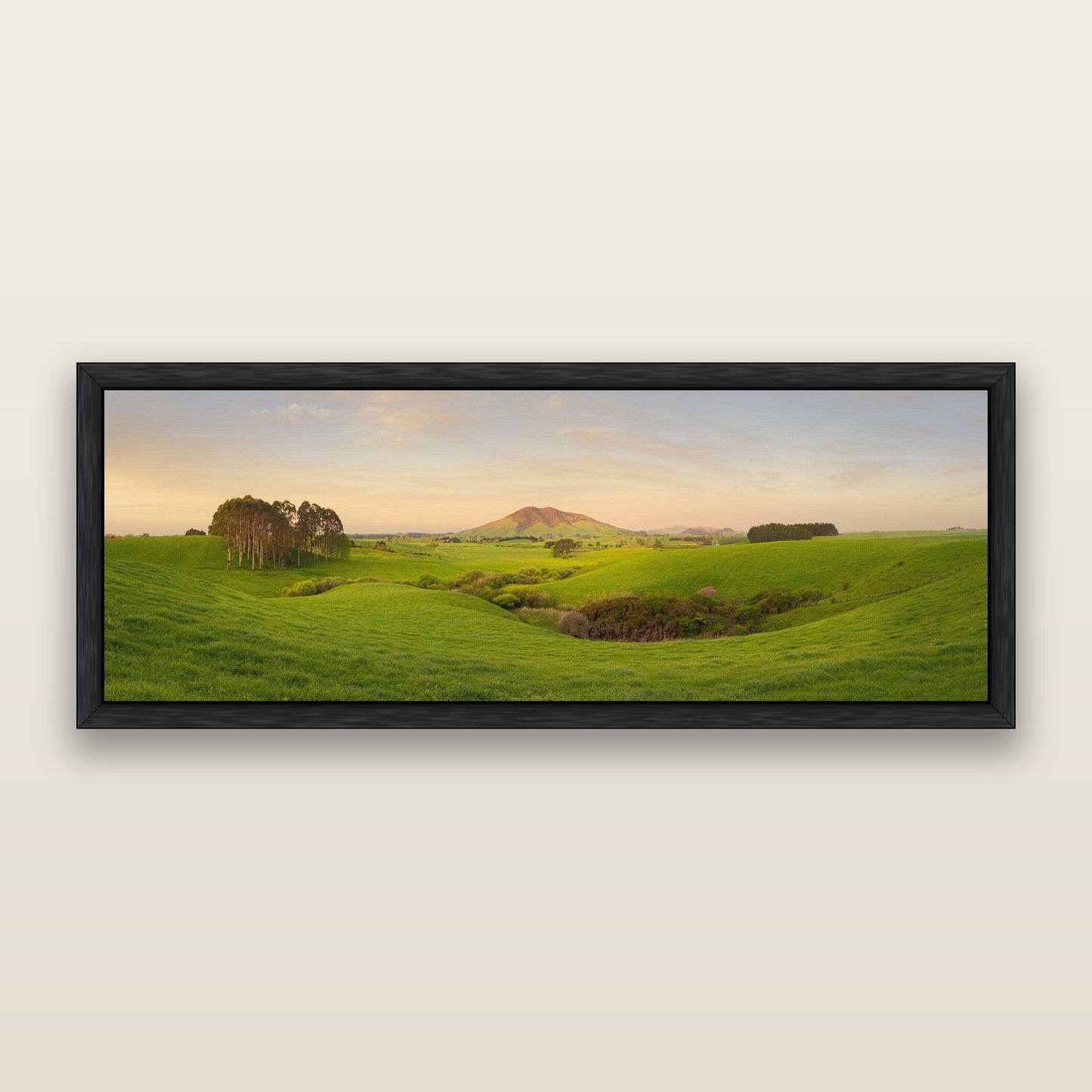 Fiery Fields, Mount Kakepuku — framed metallic canvas print, Black frame. New Zealand fine art landscape wall art by Stephen Milner.