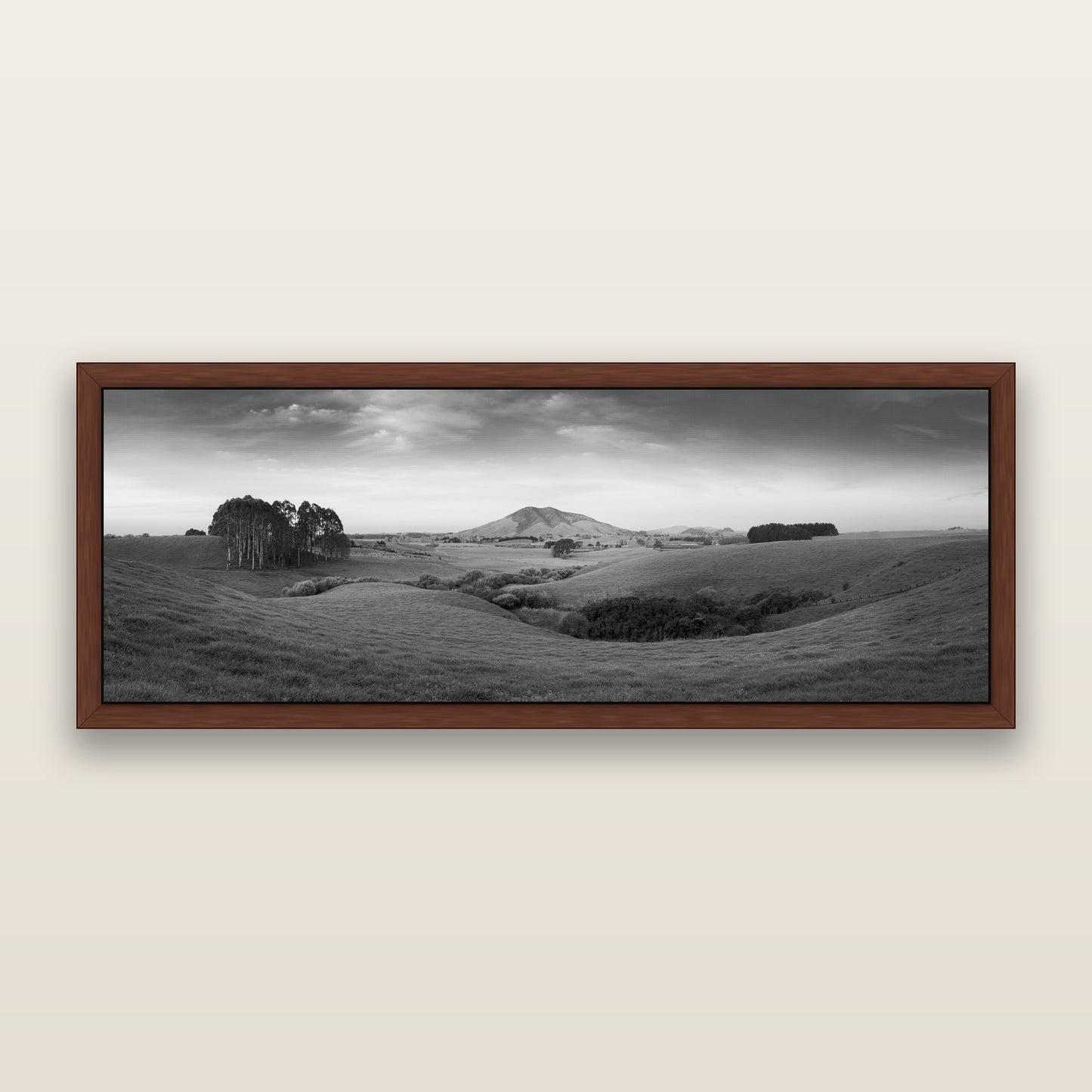 Evening Fields, Mount Kakepuku, black and white framed metallic canvas print, Brown frame. New Zealand fine art wall art by Stephen Milner.