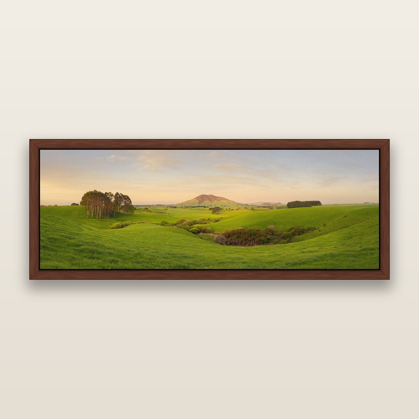 Fiery Fields, Mount Kakepuku — framed metallic canvas print, Brown frame. New Zealand fine art landscape wall art by Stephen Milner.