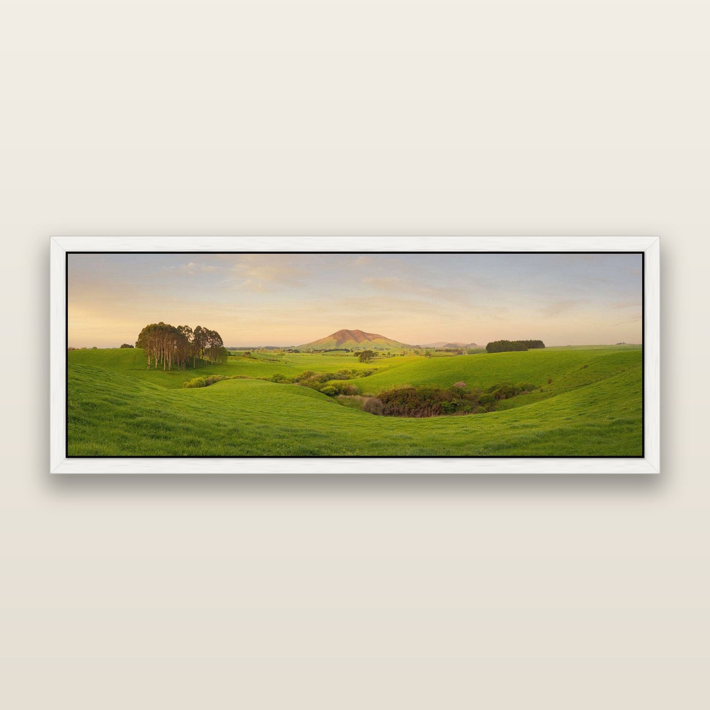 Fiery Fields, Mount Kakepuku — framed metallic canvas print, White frame. New Zealand fine art landscape wall art by Stephen Milner.