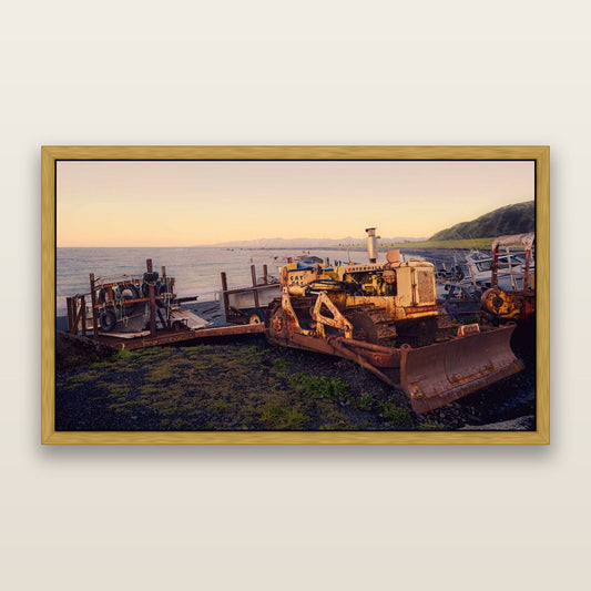 Fishing Fleet, Cape Palliser — framed metallic canvas print, Antique Gold frame. New Zealand fine art landscape wall art by Stephen Milner.
