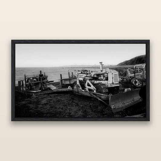 Fishing Fleet, Cape Palliser, black and white framed metallic canvas print, Black frame. New Zealand fine art wall art by Stephen Milner.