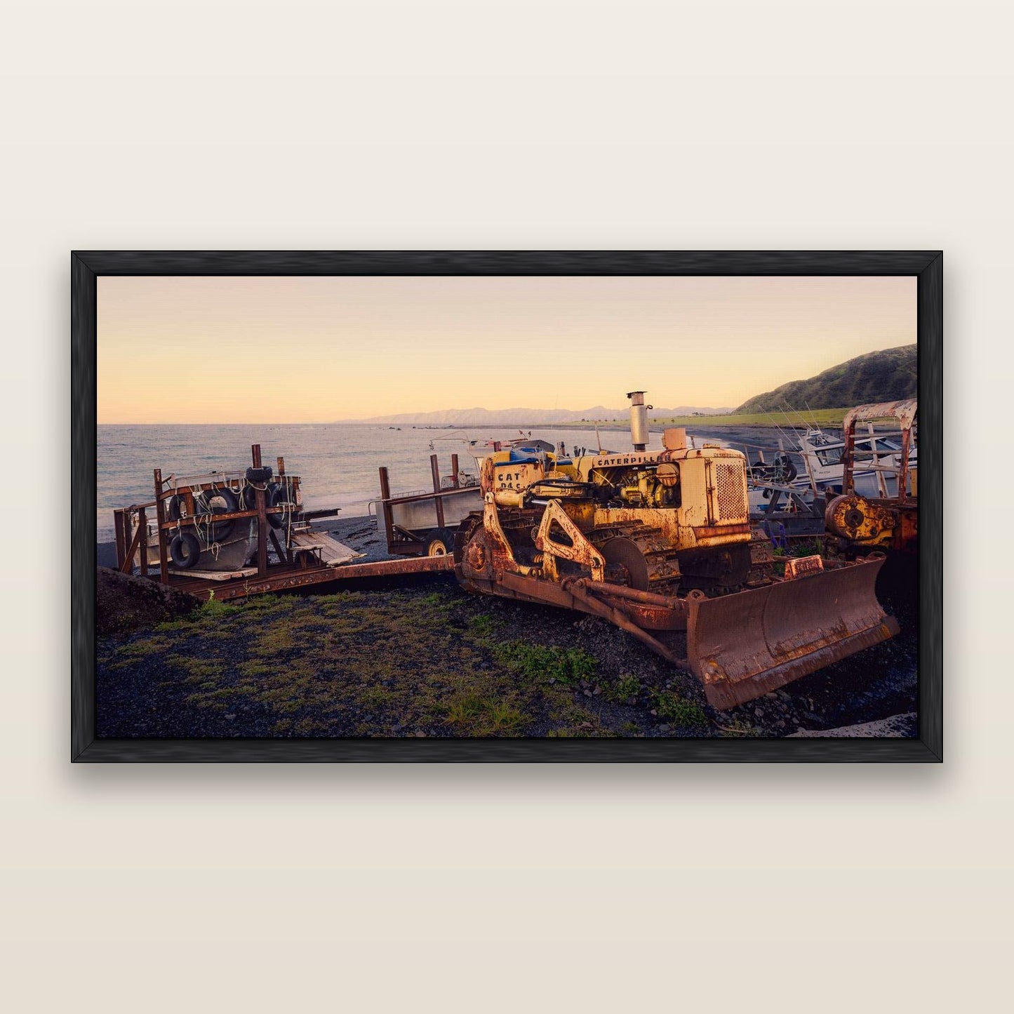 Fishing Fleet, Cape Palliser — framed metallic canvas print, Black frame. New Zealand fine art landscape wall art by Stephen Milner.
