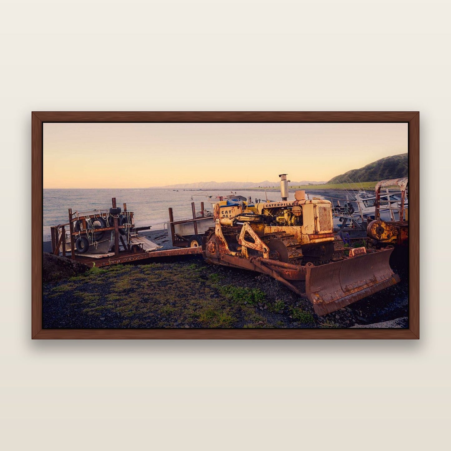 Fishing Fleet, Cape Palliser — framed metallic canvas print, Brown frame. New Zealand fine art landscape wall art by Stephen Milner.