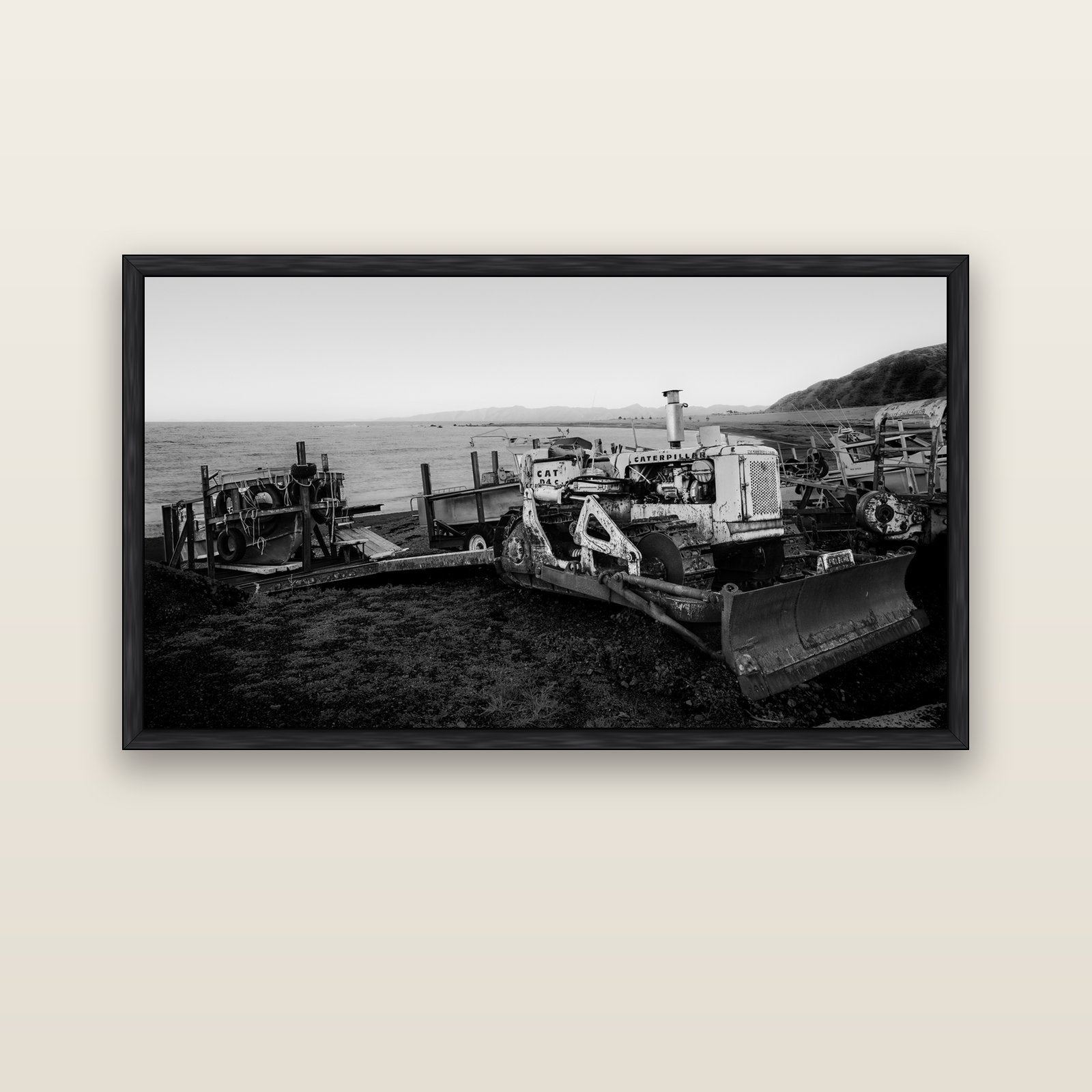 Fishing Fleet, Cape Palliser — black float frame canvas, 152 × 86 cm. New Zealand fine art landscape wall art by Stephen Milner.