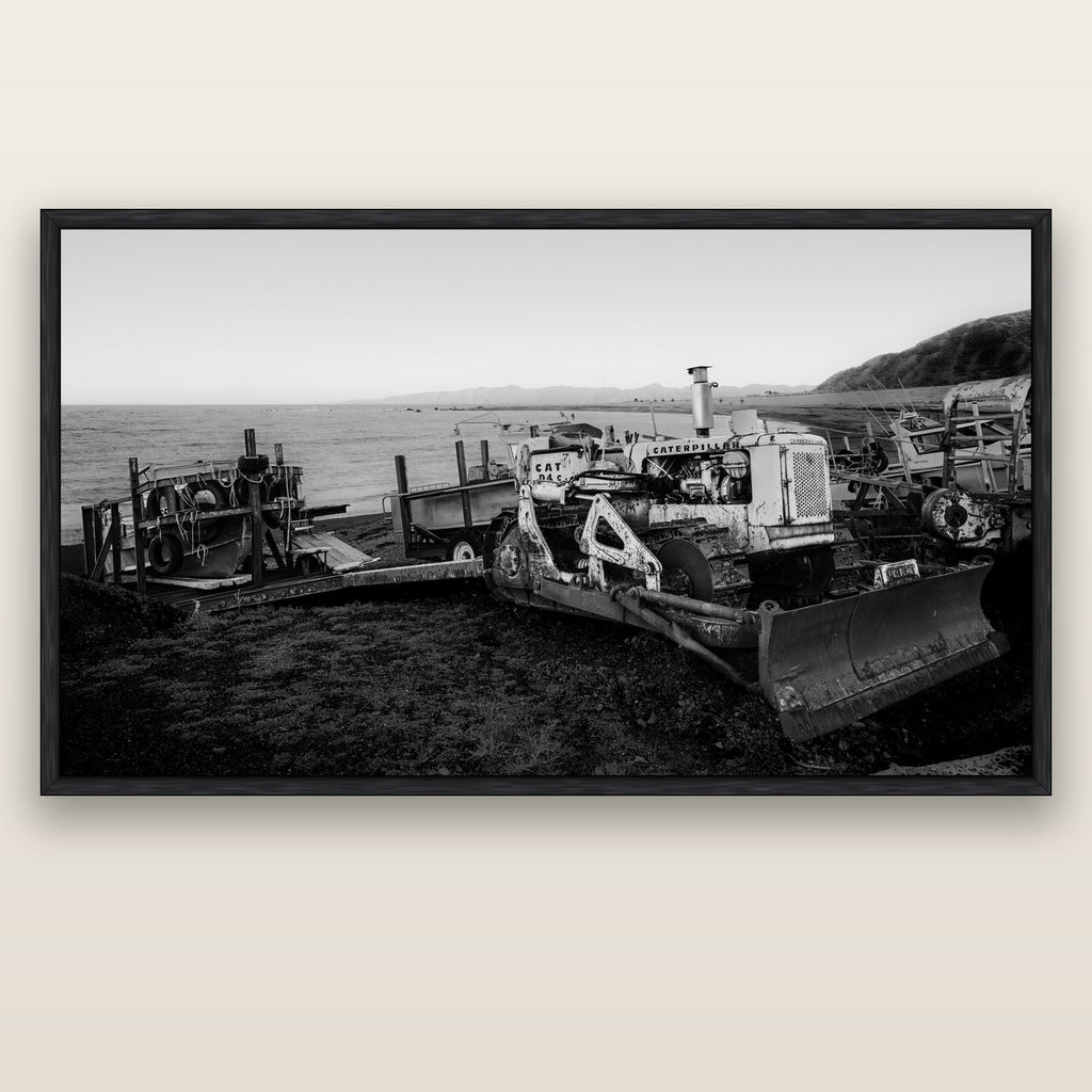 Fishing Fleet, Cape Palliser — black float frame canvas, 200 × 130 cm. New Zealand fine art landscape wall art by Stephen Milner.