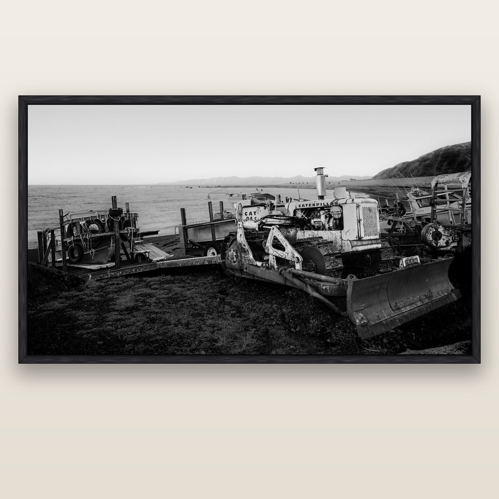 Fishing Fleet, Cape Palliser — black float frame canvas, 200 × 130 cm. New Zealand fine art landscape wall art by Stephen Milner.