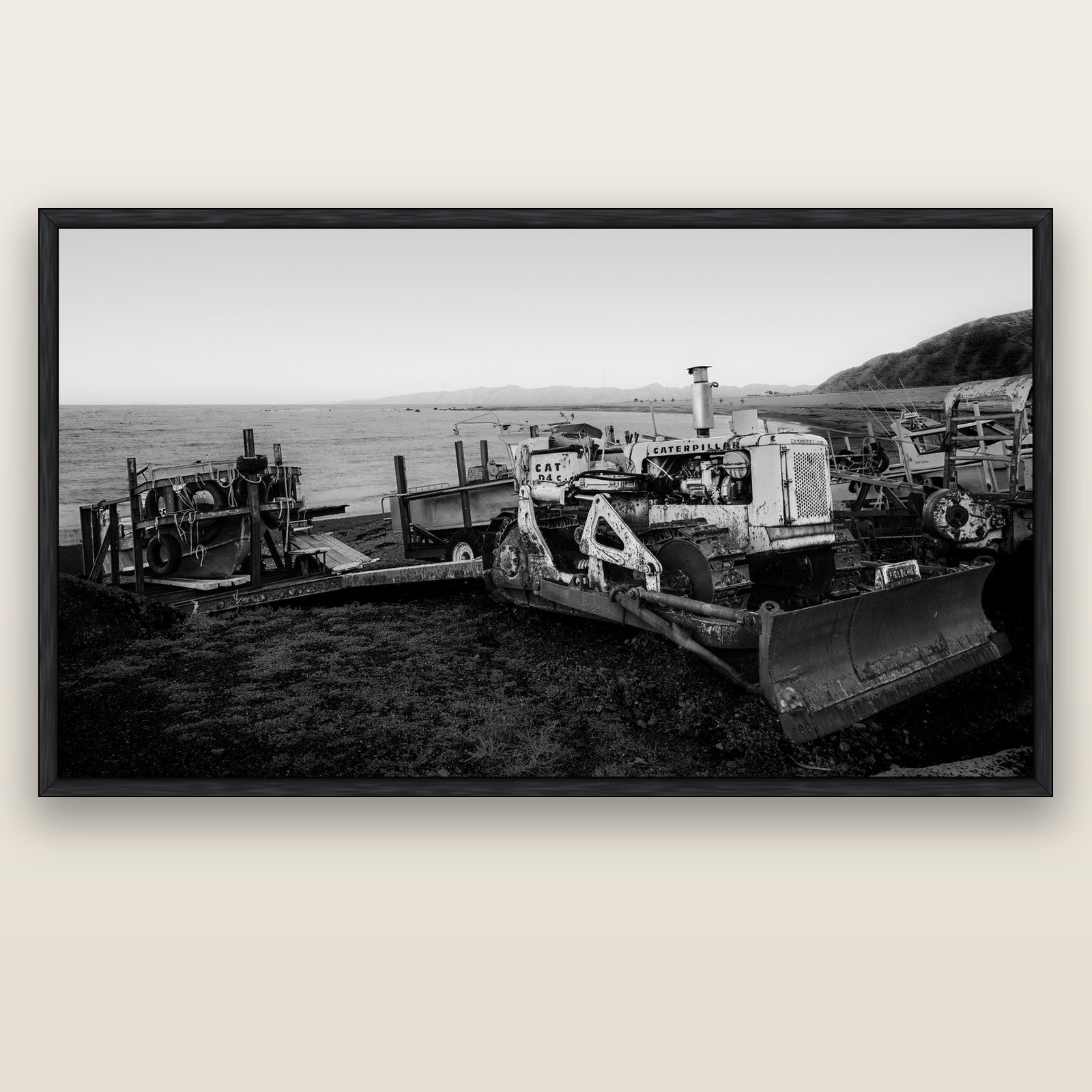 Fishing Fleet, Cape Palliser — black float frame canvas, 201 × 99 cm. New Zealand fine art landscape wall art by Stephen Milner.
