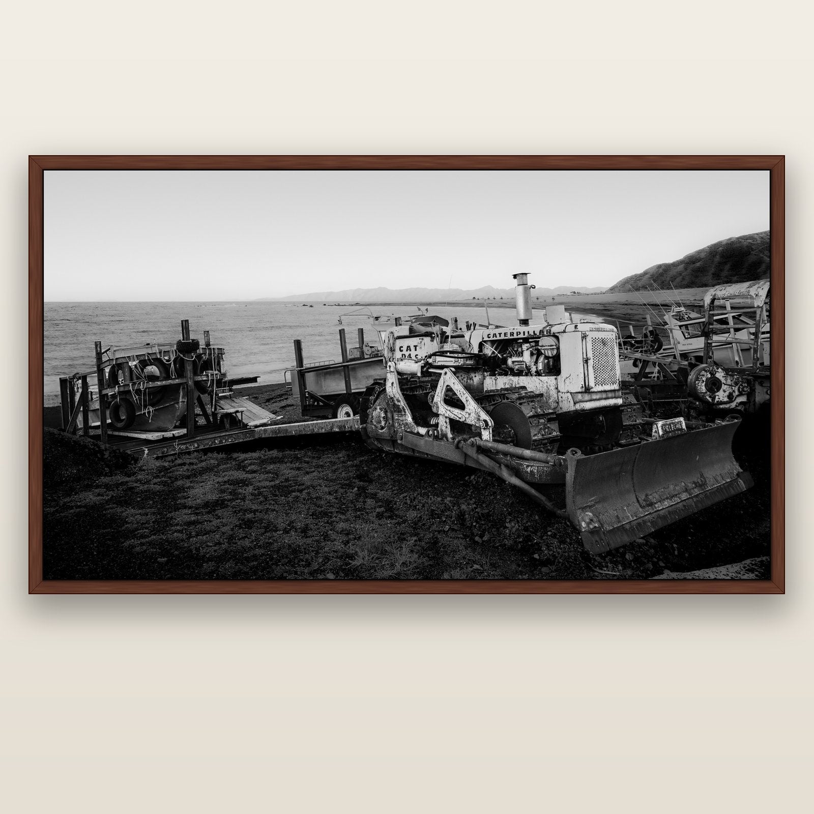 Fishing Fleet, Cape Palliser — brown float frame canvas, 201 × 99 cm. New Zealand fine art landscape wall art by Stephen Milner.