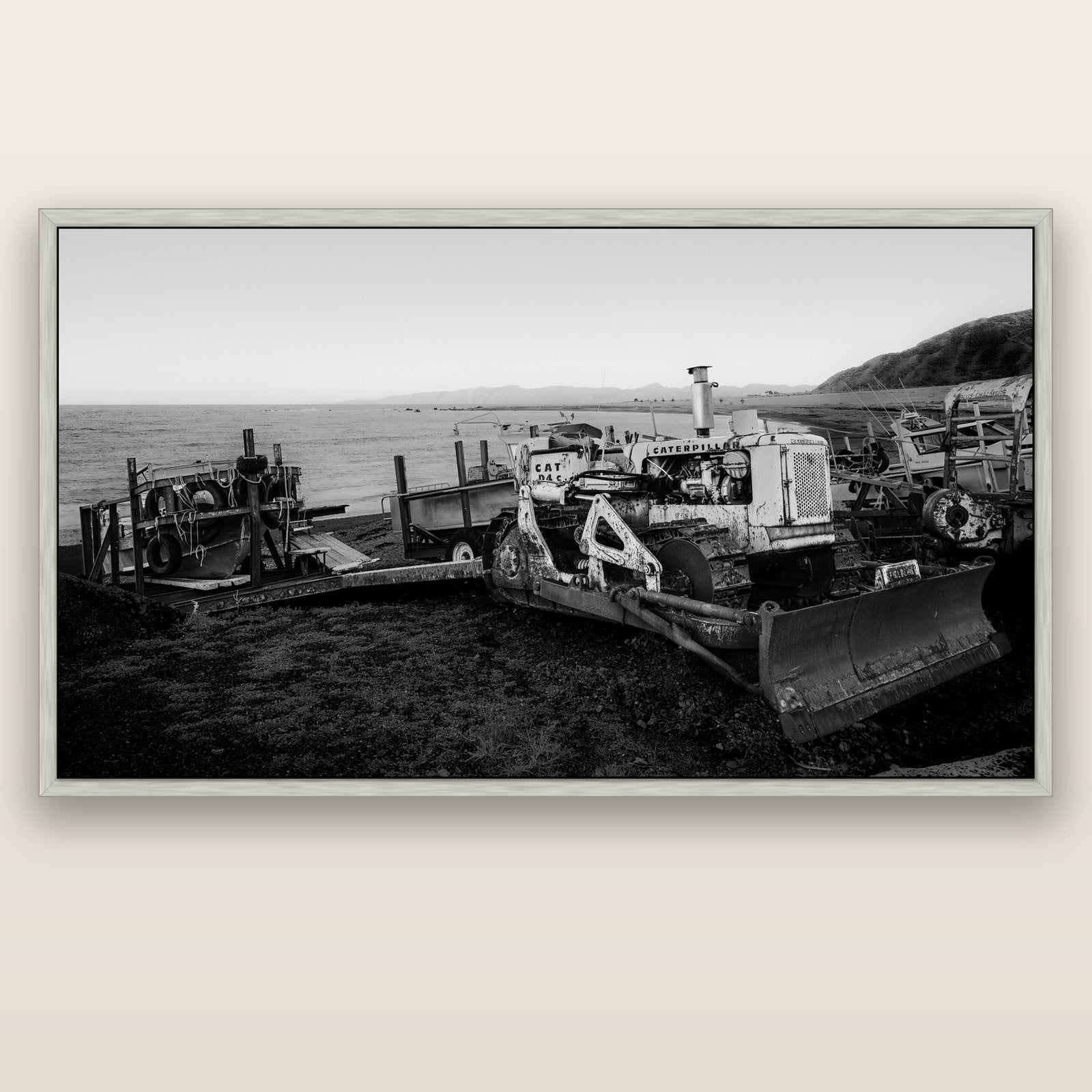 Fishing Fleet, Cape Palliser — silver float frame canvas, 201 × 99 cm. New Zealand fine art landscape wall art by Stephen Milner.