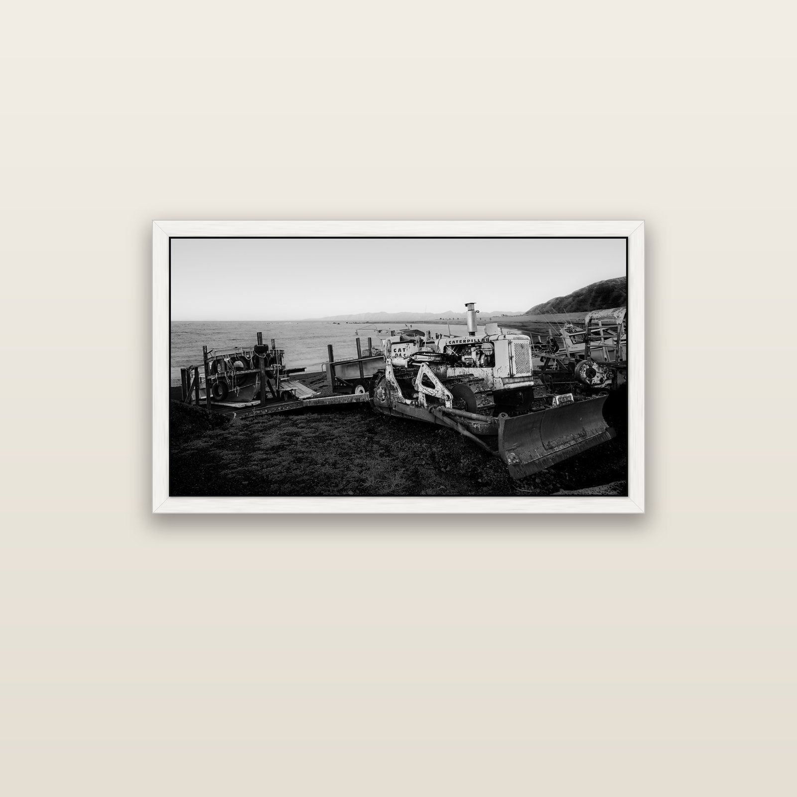 Fishing Fleet, Cape Palliser — white float frame canvas, 102 × 56 cm. New Zealand fine art landscape wall art by Stephen Milner.
