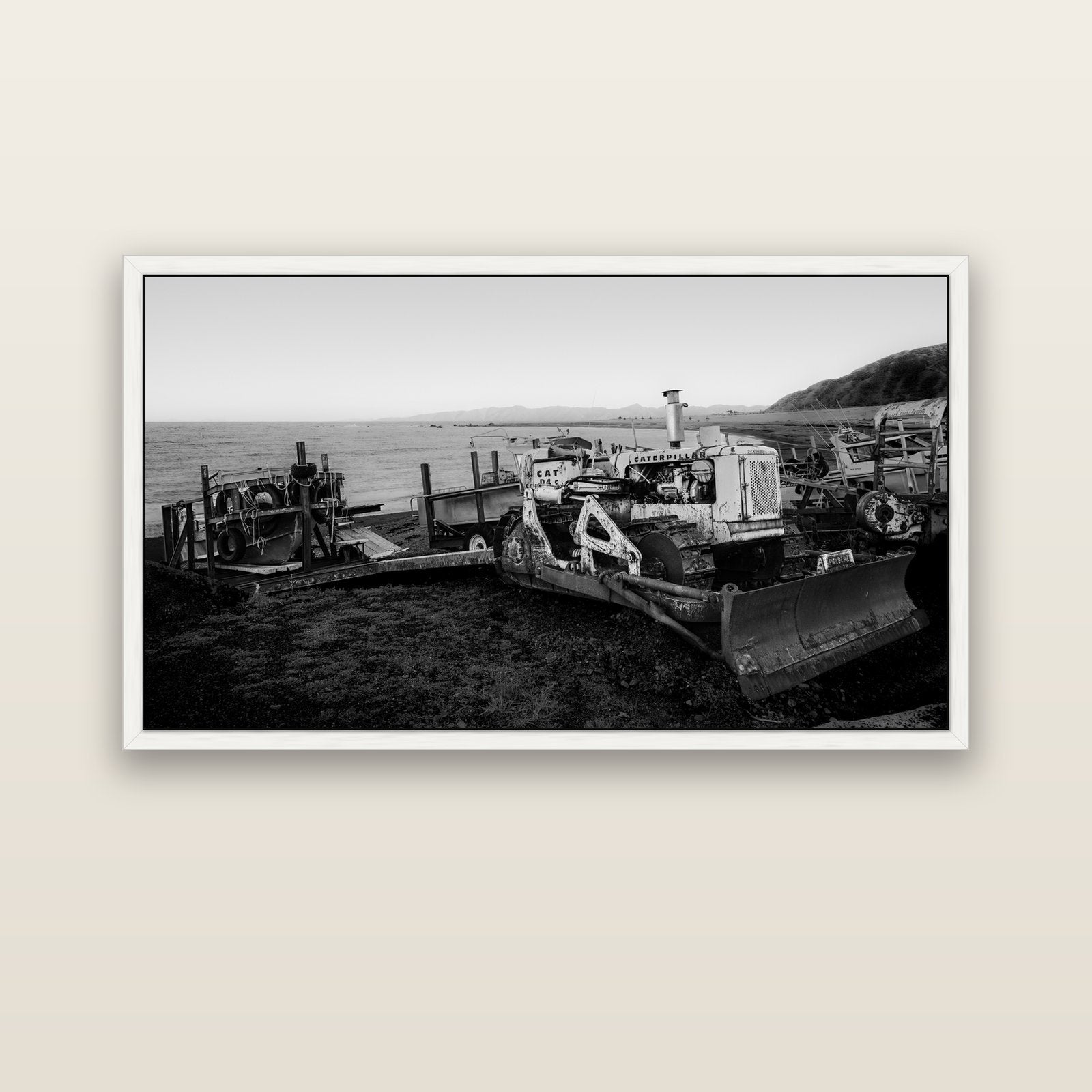 Fishing Fleet, Cape Palliser — white float frame canvas, 152 × 86 cm. New Zealand fine art landscape wall art by Stephen Milner.