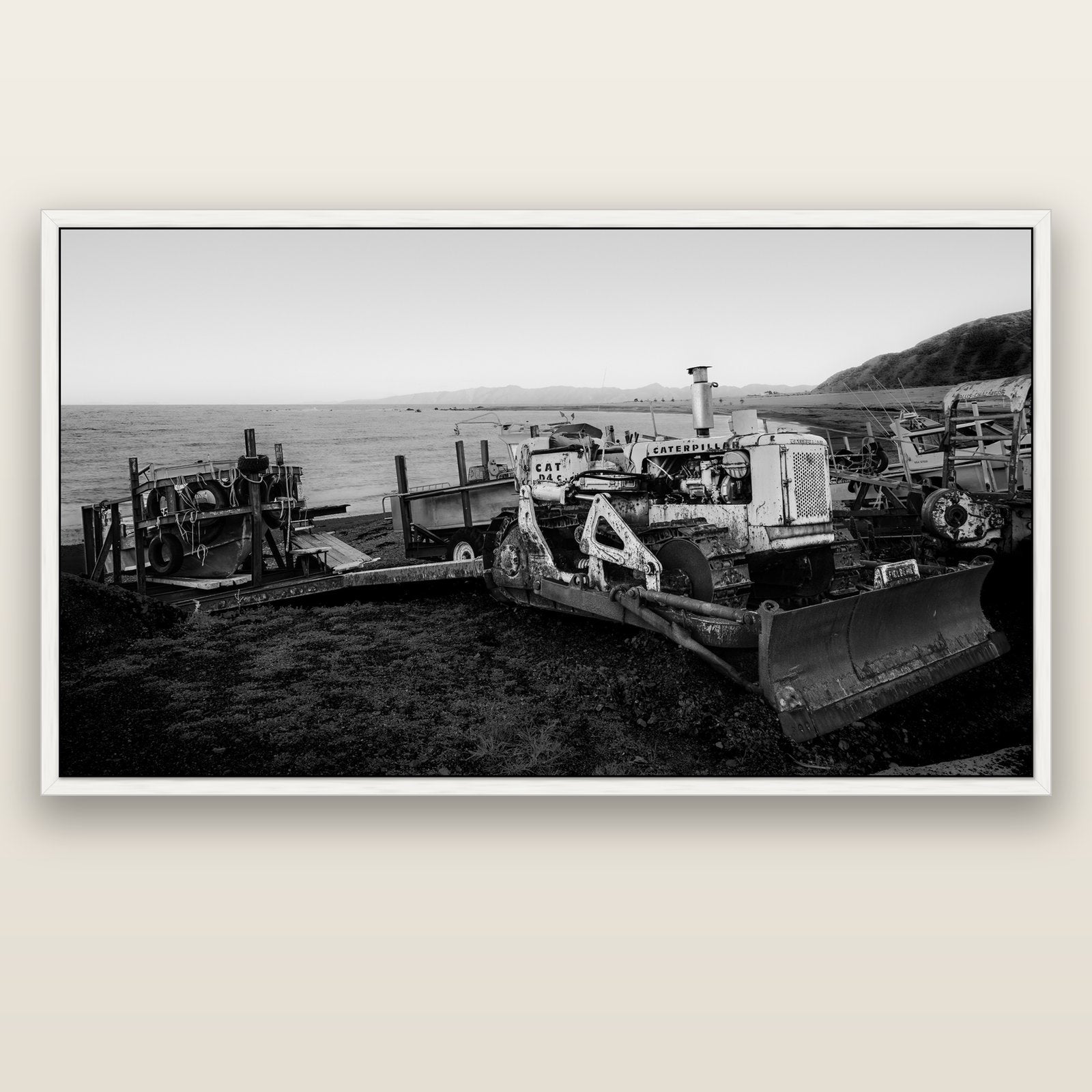 Fishing Fleet, Cape Palliser — white float frame canvas, 200 × 130 cm. New Zealand fine art landscape wall art by Stephen Milner.