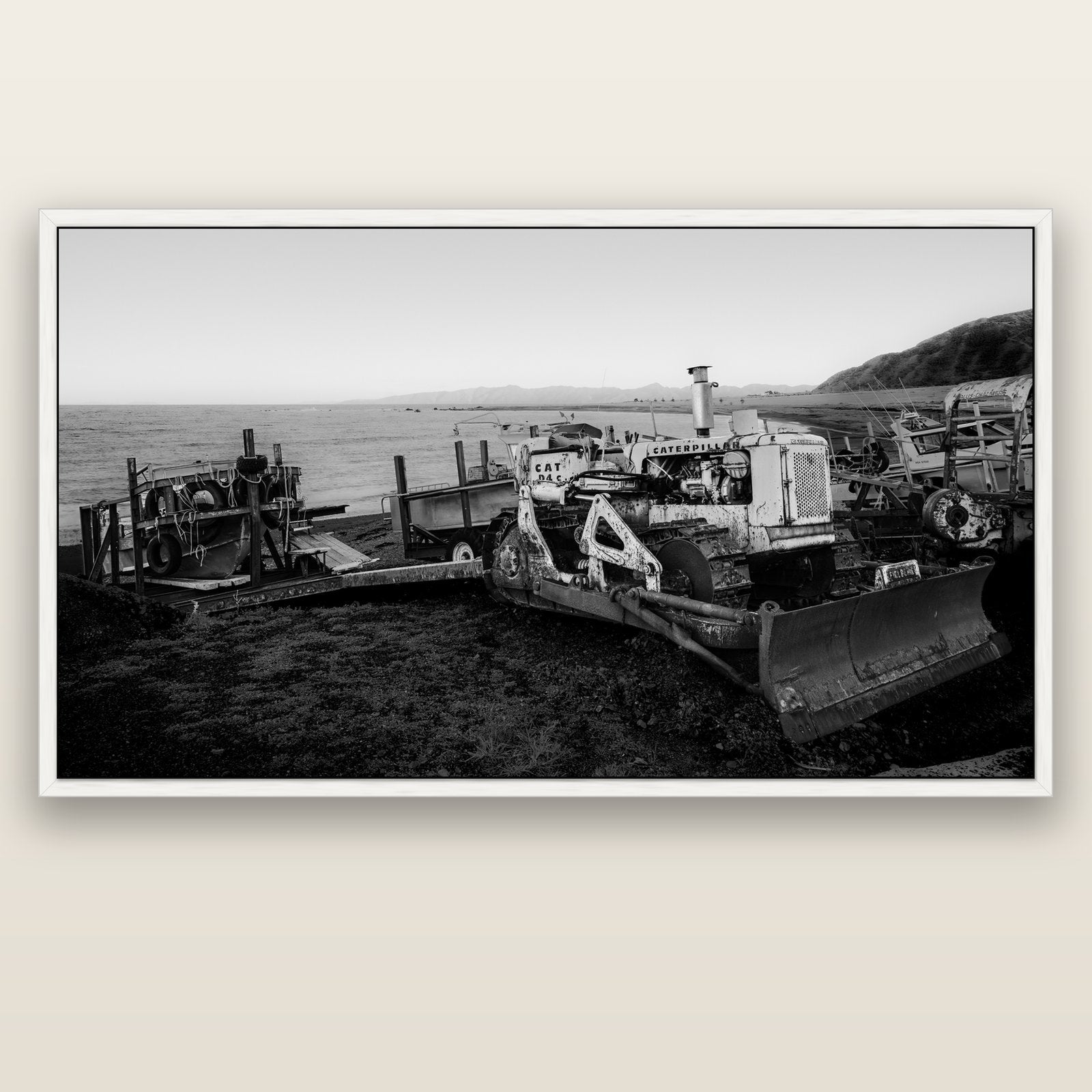 Fishing Fleet, Cape Palliser — white float frame canvas, 201 × 99 cm. New Zealand fine art landscape wall art by Stephen Milner.