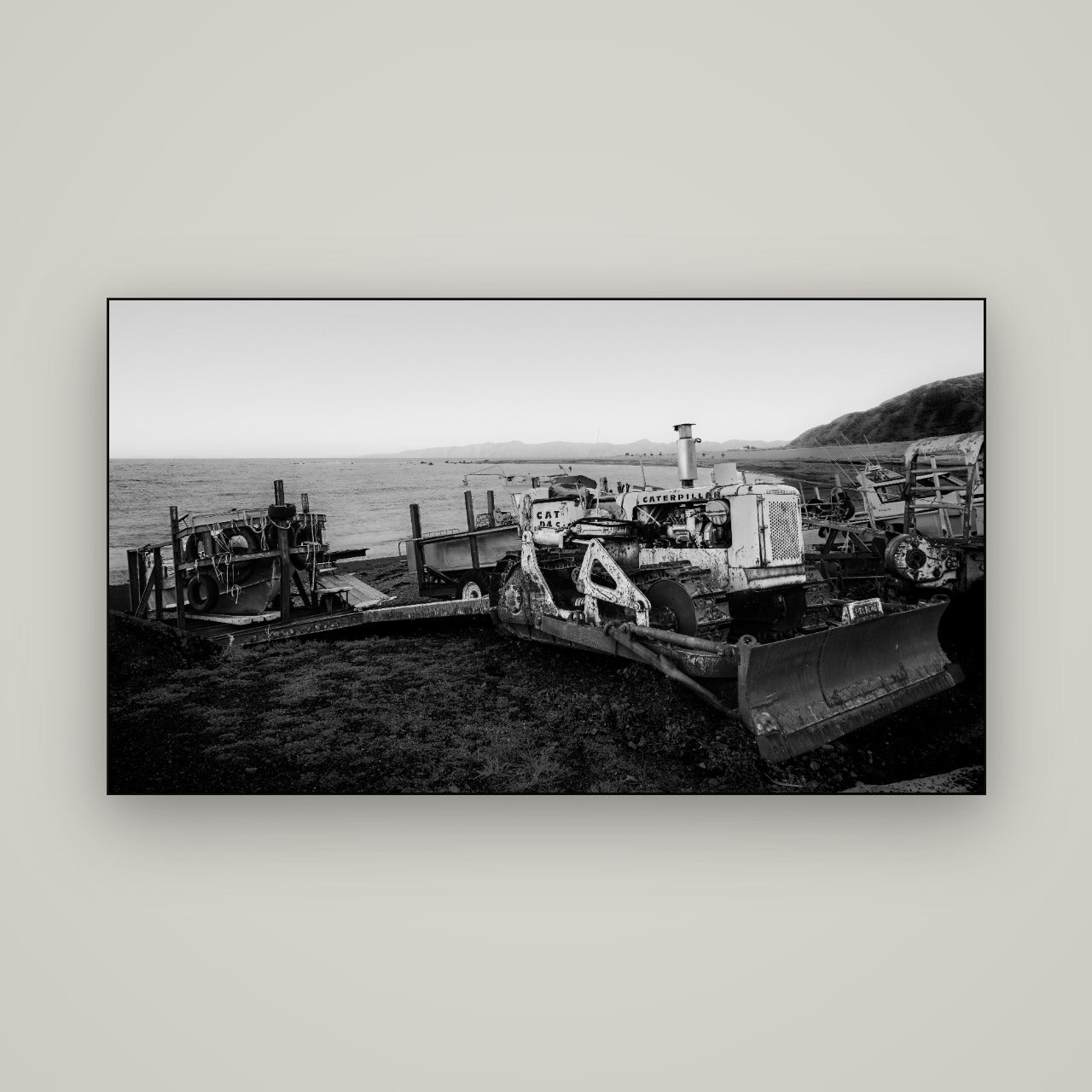 Fishing Fleet, Cape Palliser — Slimline Black, 160×90 cm. New Zealand fine art wall art by Stephen Milner.
