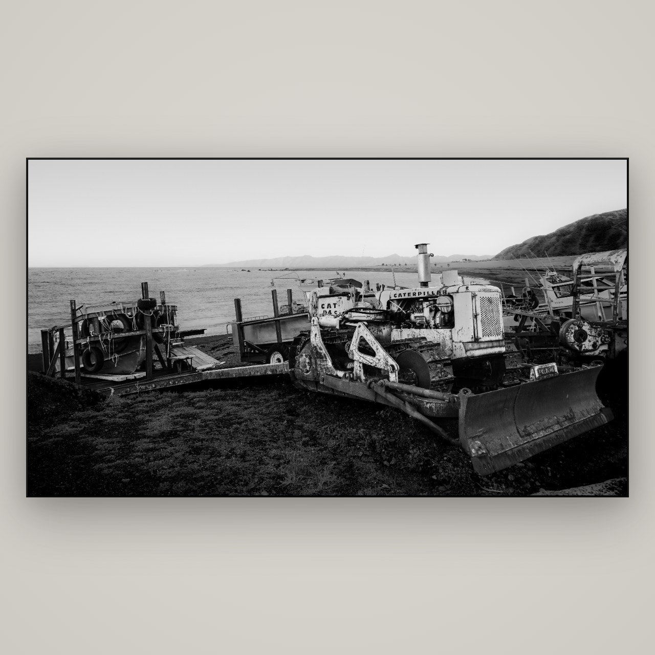 Fishing Fleet, Cape Palliser — Slimline Black, 196×110 cm. New Zealand fine art wall art by Stephen Milner.