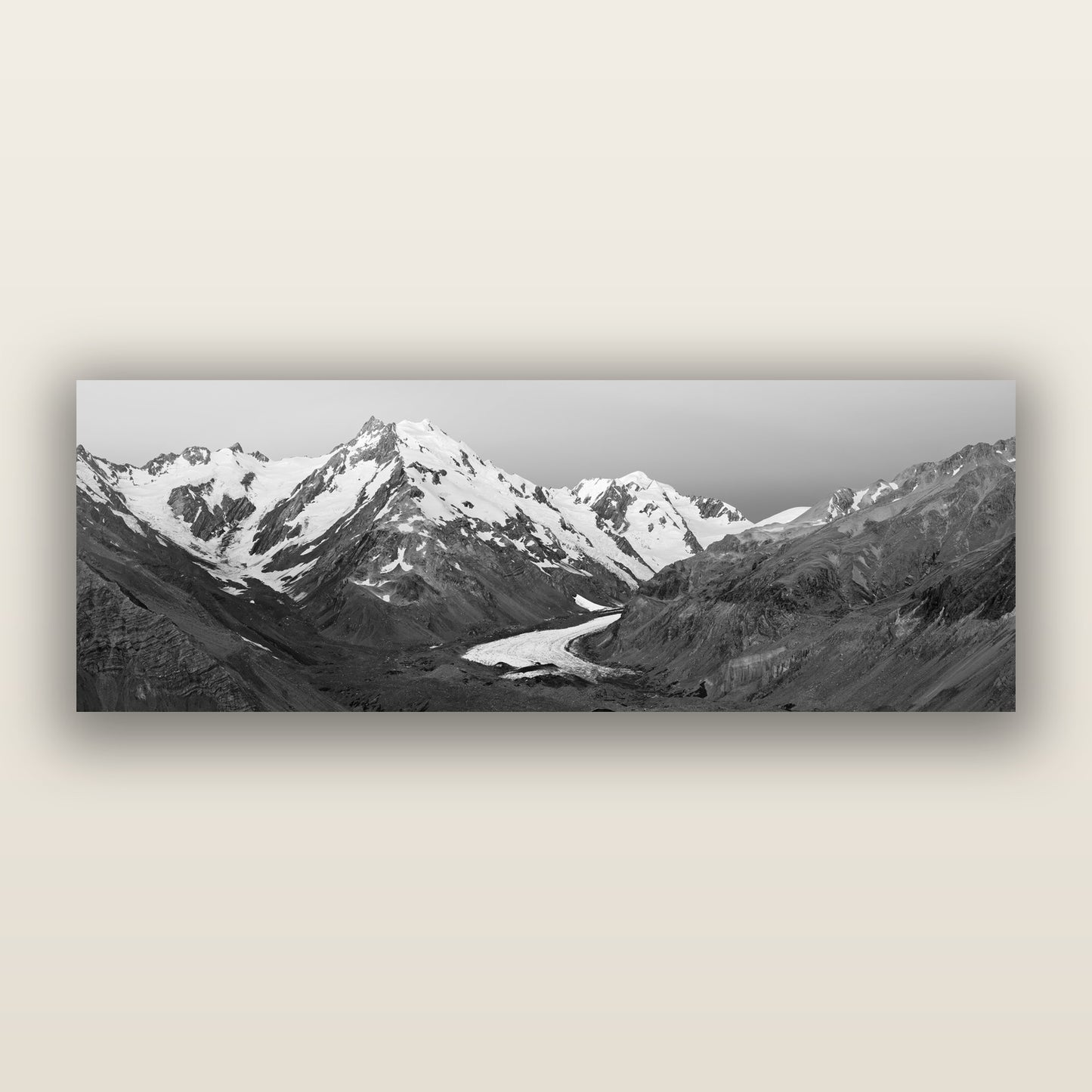 Frozen Highway, Tasman Glacier — black and white frameless acrylic glass print. New Zealand fine art photography by Stephen Milner.