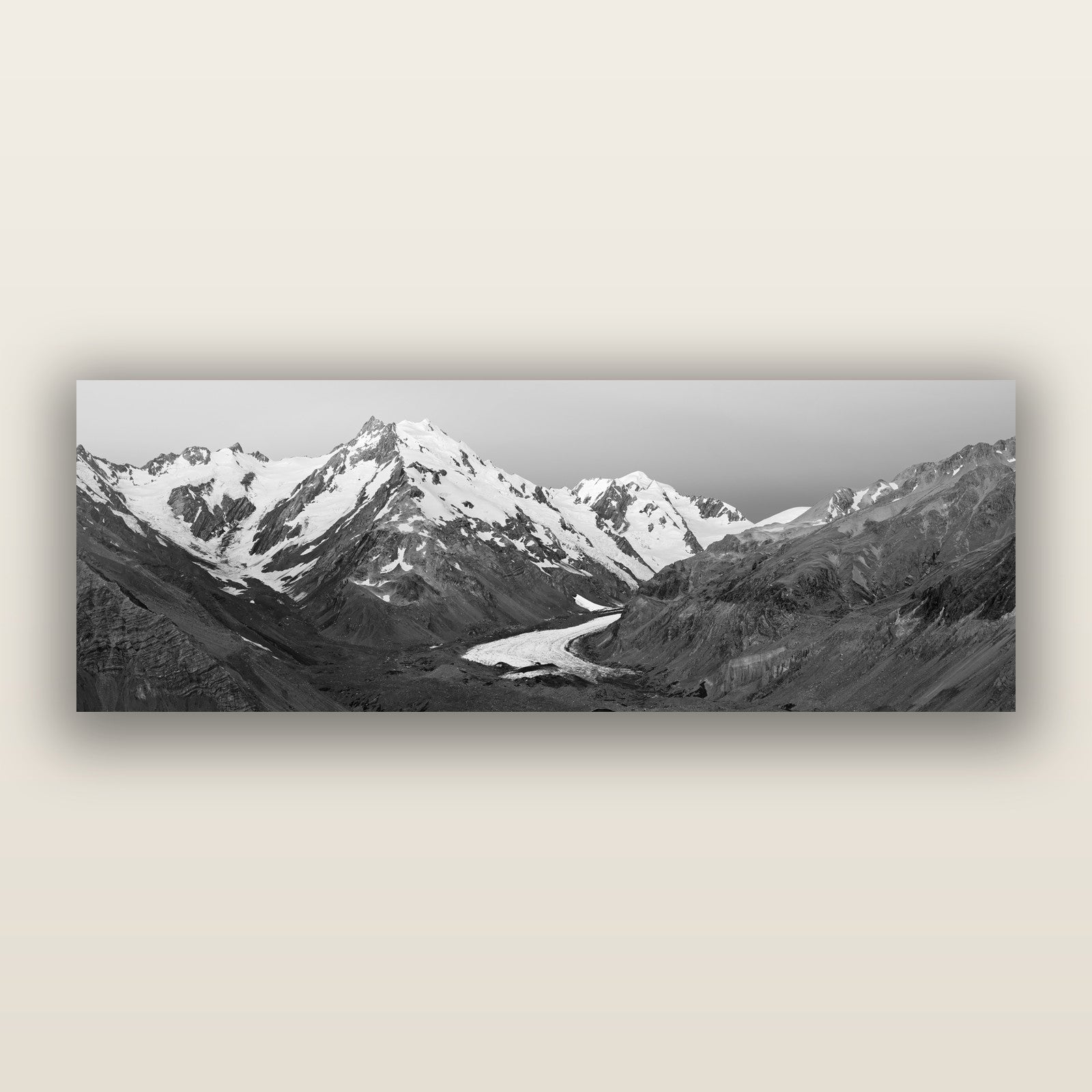 Frozen Highway, Tasman Glacier, black and white frameless acrylic glass print. New Zealand fine art photography by Stephen Milner.