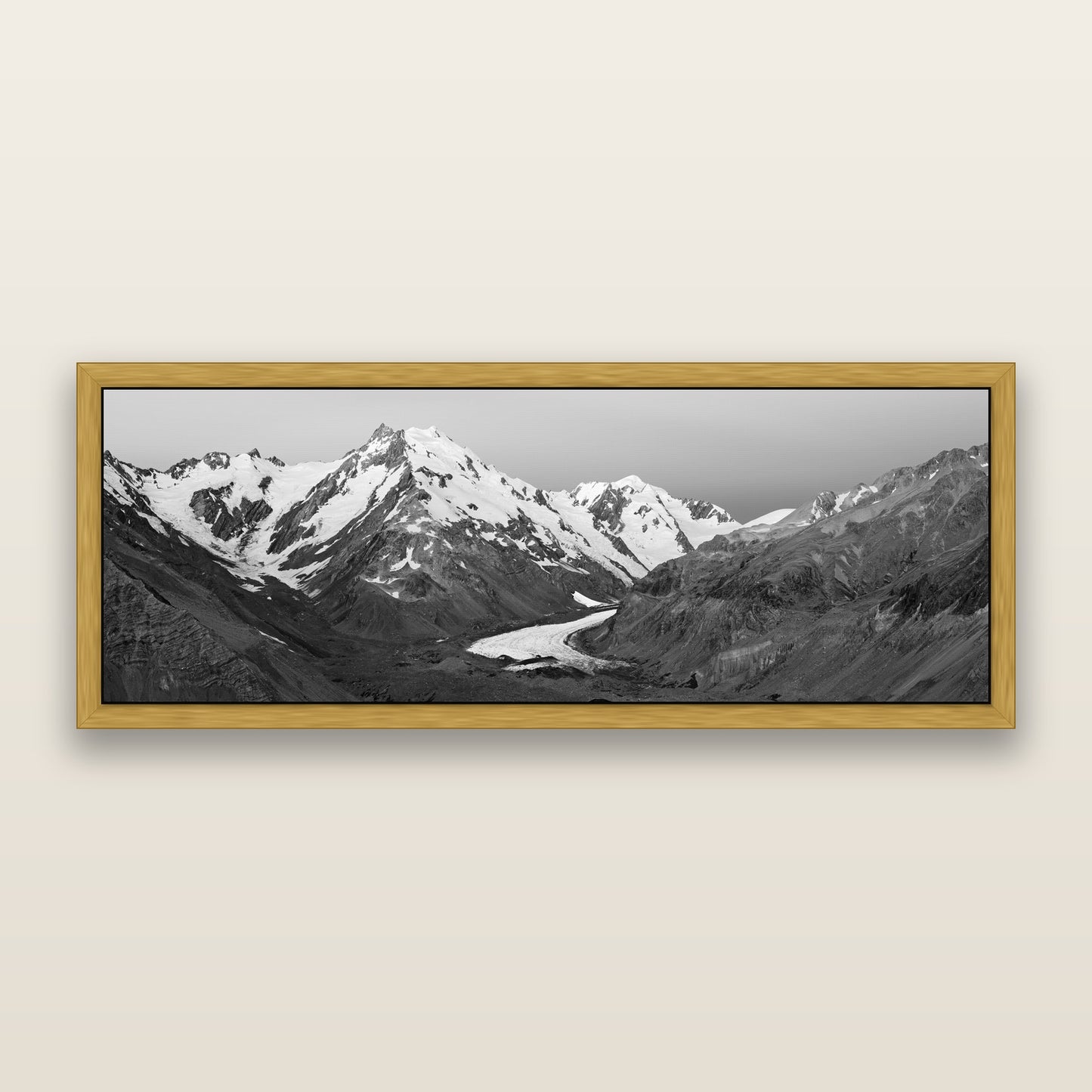 Frozen Highway, Tasman Glacier — black and white framed metallic canvas print, Antique Gold frame. New Zealand fine art wall art by Stephen Milner.
