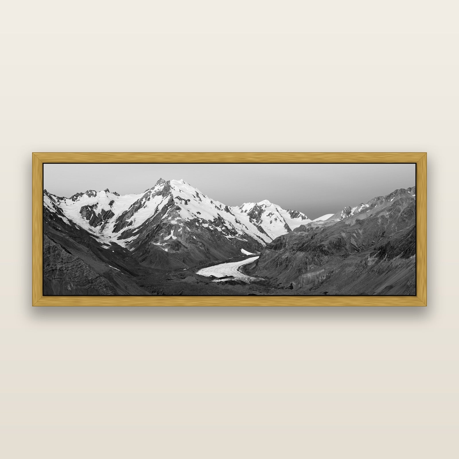 Frozen Highway, Tasman Glacier, black and white framed metallic canvas print, Antique Gold frame. New Zealand fine art wall art by Stephen Milner.