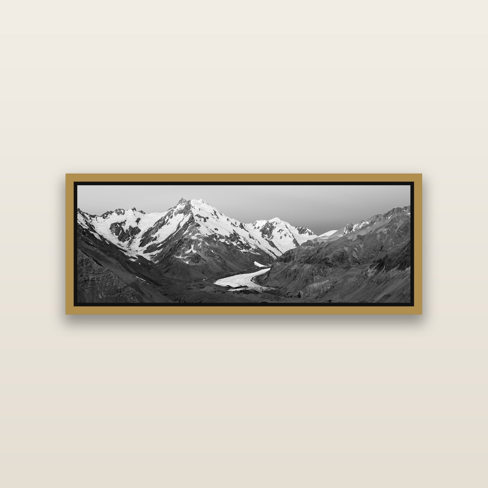 Frozen Highway, Tasman Glacier — Antique Gold framed metallic canvas print, small 86 × 30 cm. New Zealand fine art landscape wall art by Stephen Milner.