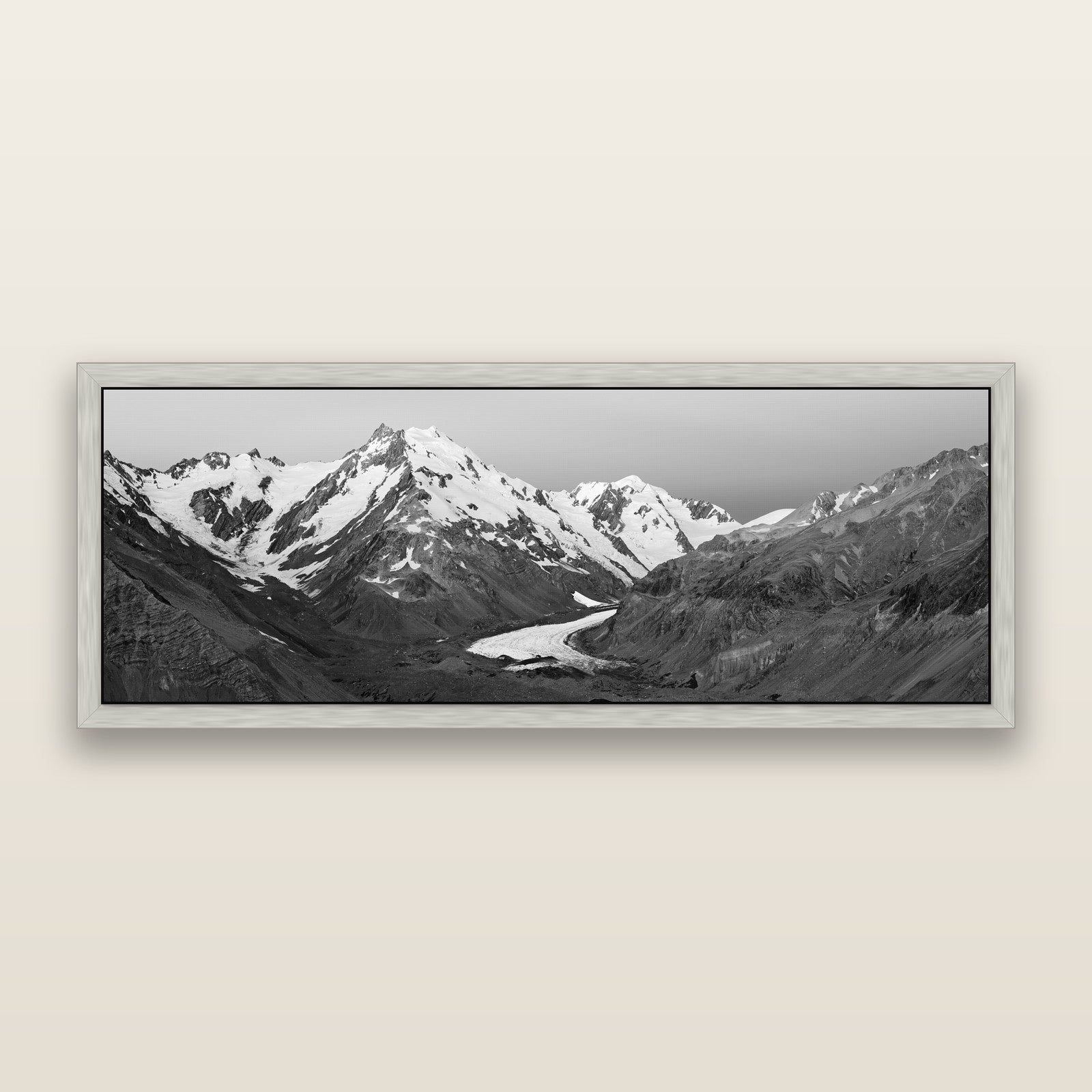 Frozen Highway, Tasman Glacier, black and white framed metallic canvas print, Antique Silver frame. New Zealand fine art wall art by Stephen Milner.