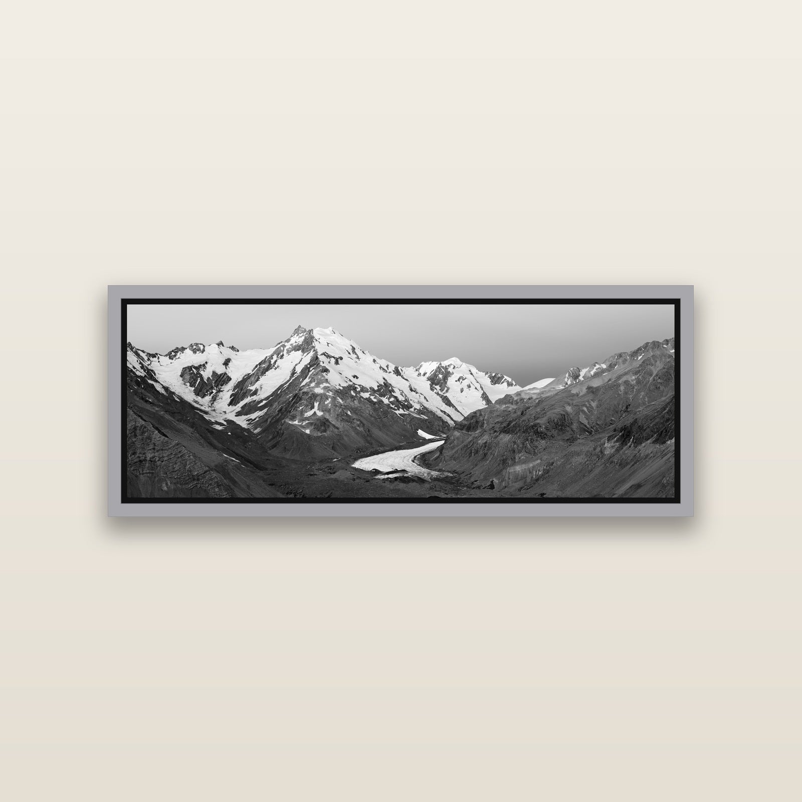 Frozen Highway, Tasman Glacier — Antique Silver framed metallic canvas print, small 86 × 30 cm. New Zealand fine art landscape wall art by Stephen Milner.