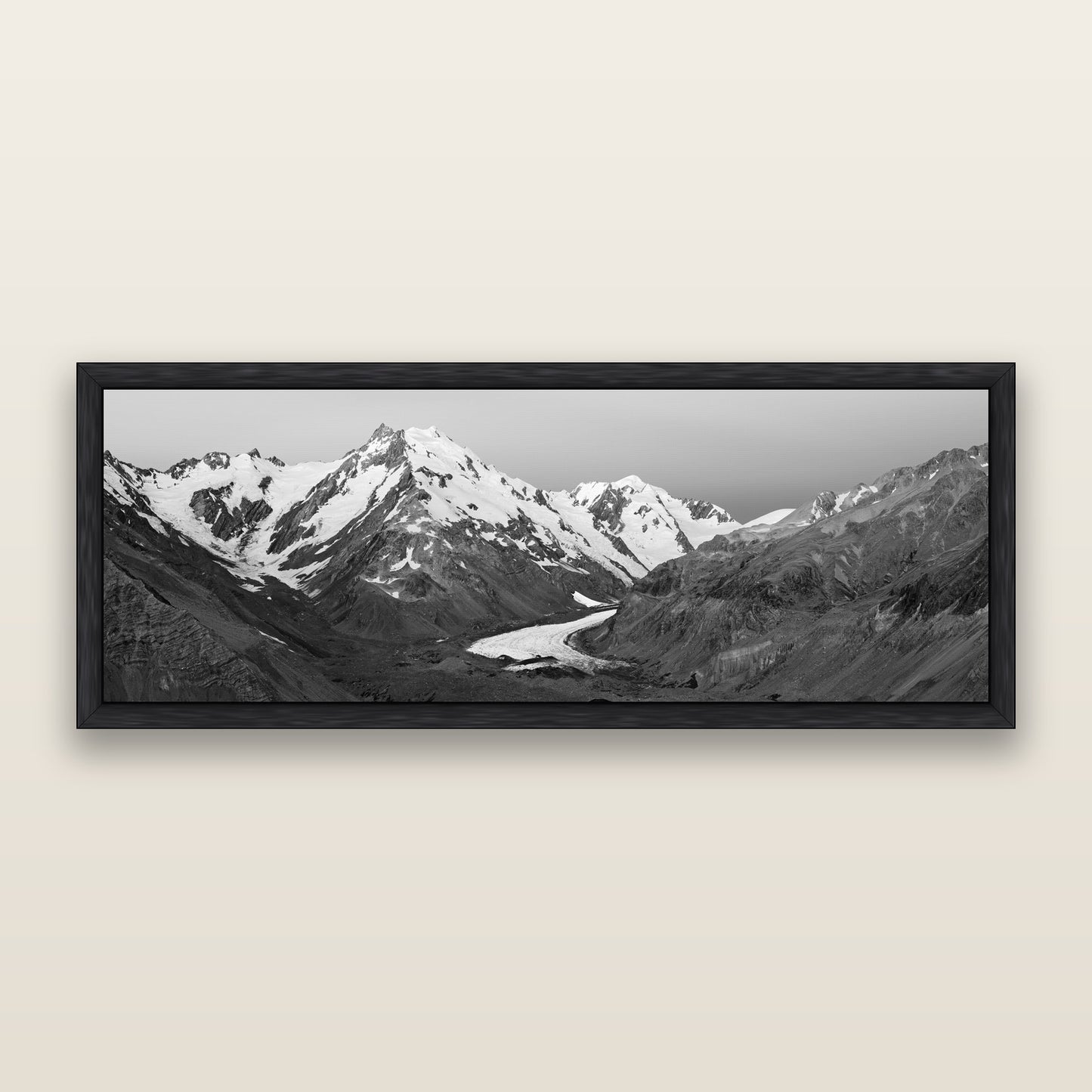 Frozen Highway, Tasman Glacier — black and white framed metallic canvas print, Black frame. New Zealand fine art wall art by Stephen Milner.