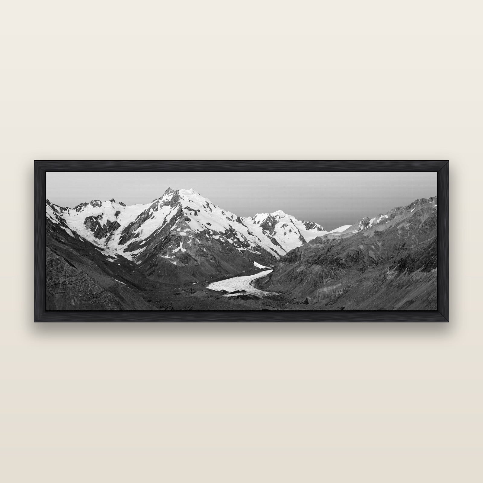 Frozen Highway, Tasman Glacier — black and white framed metallic canvas print, Black frame. New Zealand fine art wall art by Stephen Milner.