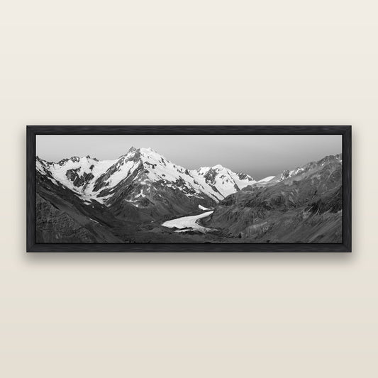 Frozen Highway, Tasman Glacier — black and white framed metallic canvas print, Black frame. New Zealand fine art wall art by Stephen Milner.