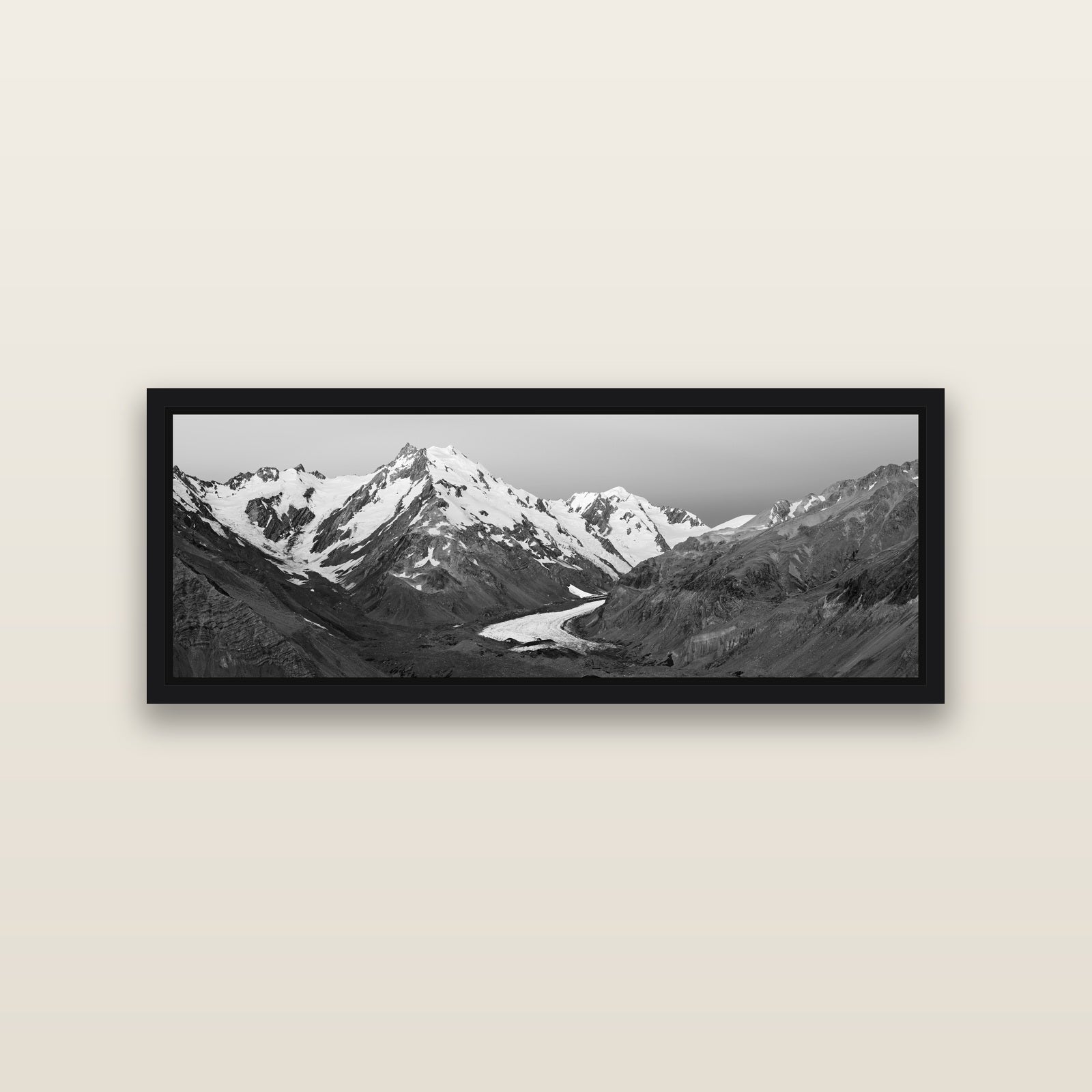 Frozen Highway, Tasman Glacier — Black framed metallic canvas print, small 86 × 30 cm. New Zealand fine art landscape wall art by Stephen Milner.
