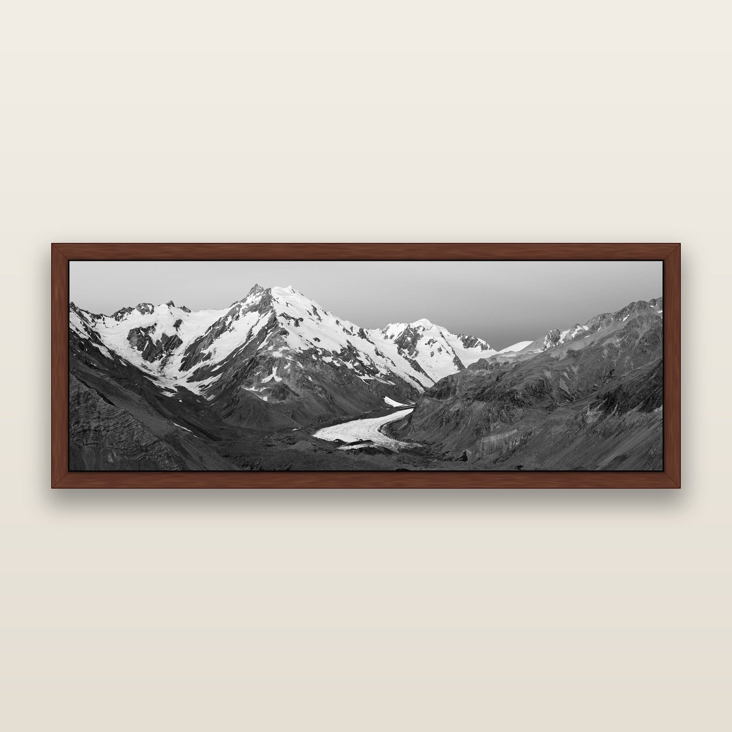 Frozen Highway, Tasman Glacier — black and white framed metallic canvas print, Brown frame. New Zealand fine art wall art by Stephen Milner.
