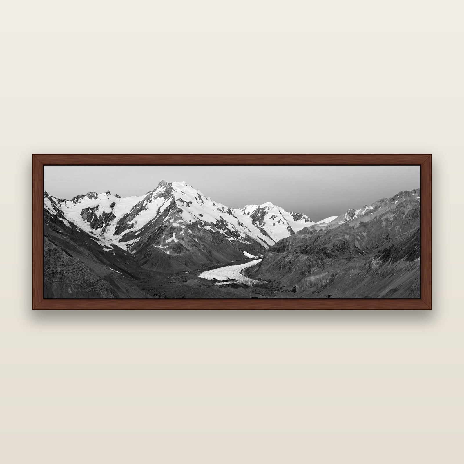 Frozen Highway, Tasman Glacier, black and white framed metallic canvas print, Brown frame. New Zealand fine art wall art by Stephen Milner.