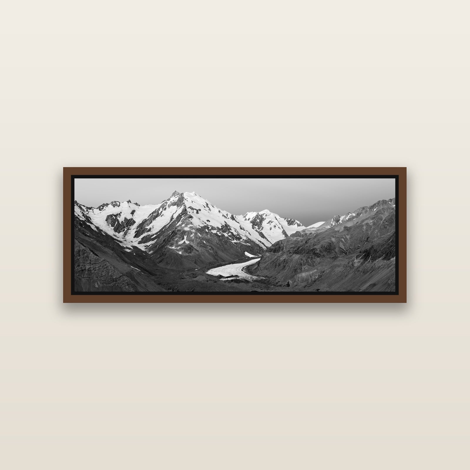Frozen Highway, Tasman Glacier — Brown framed metallic canvas print, small 86 × 30 cm. New Zealand fine art landscape wall art by Stephen Milner.